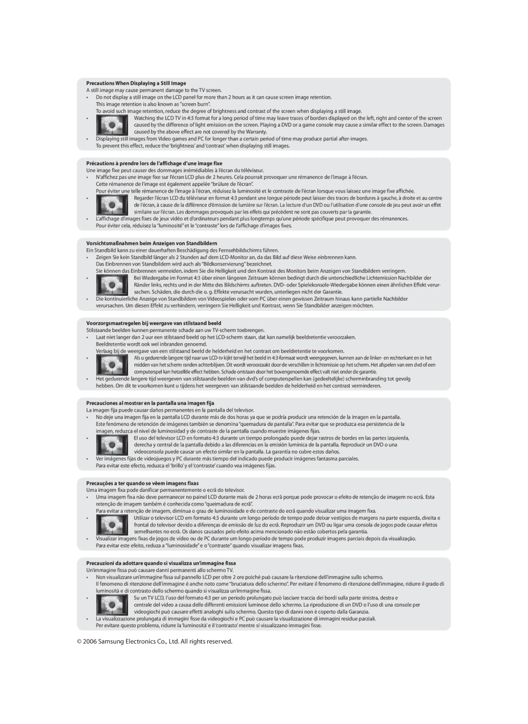 Samsung LE32N7, LE46N7, LE40N7 manual Precautions When Displaying a Still Image 