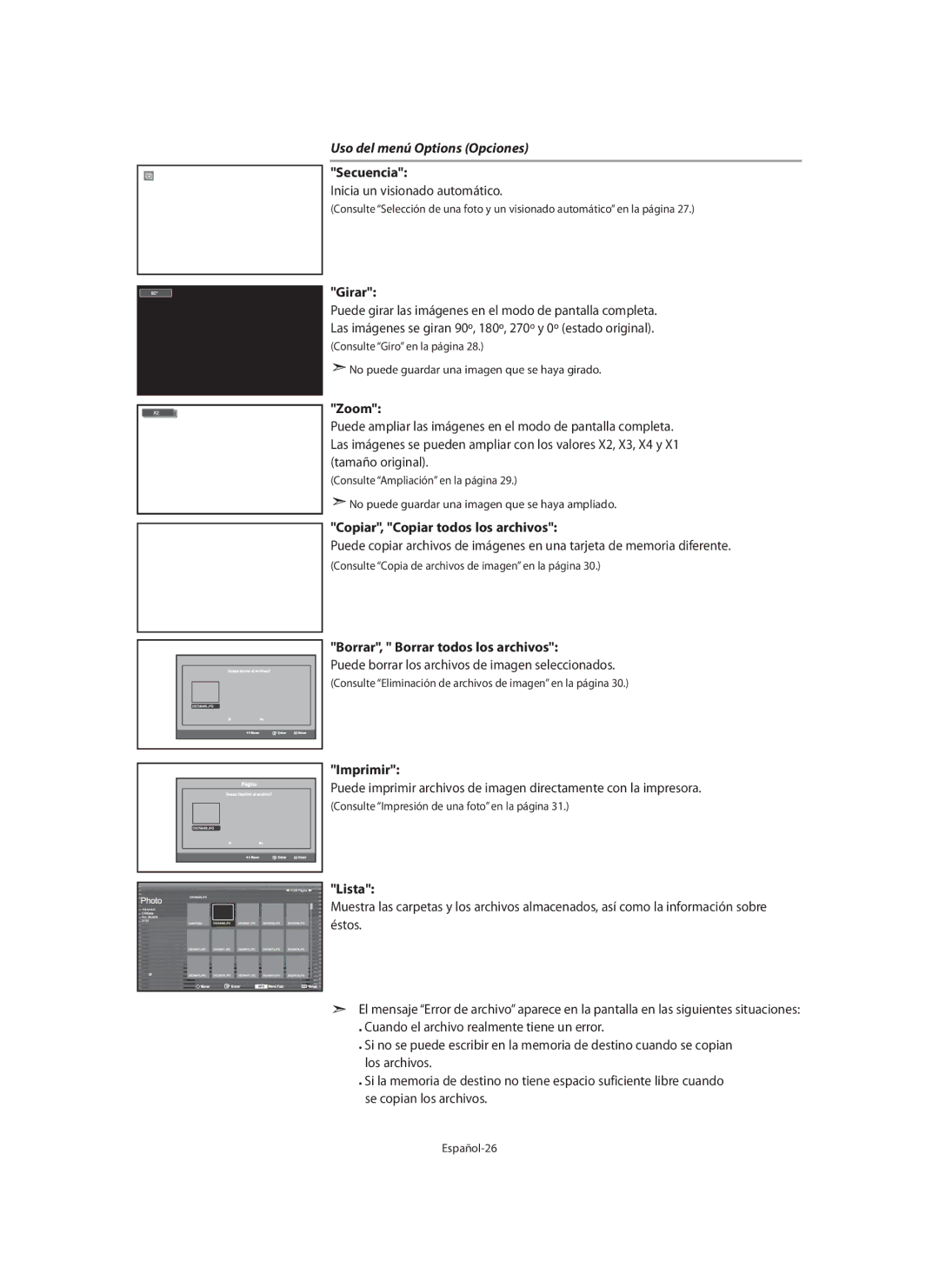 Samsung LE46N7, LE40N7, LE32N7 manual Uso del menú Options Opciones 