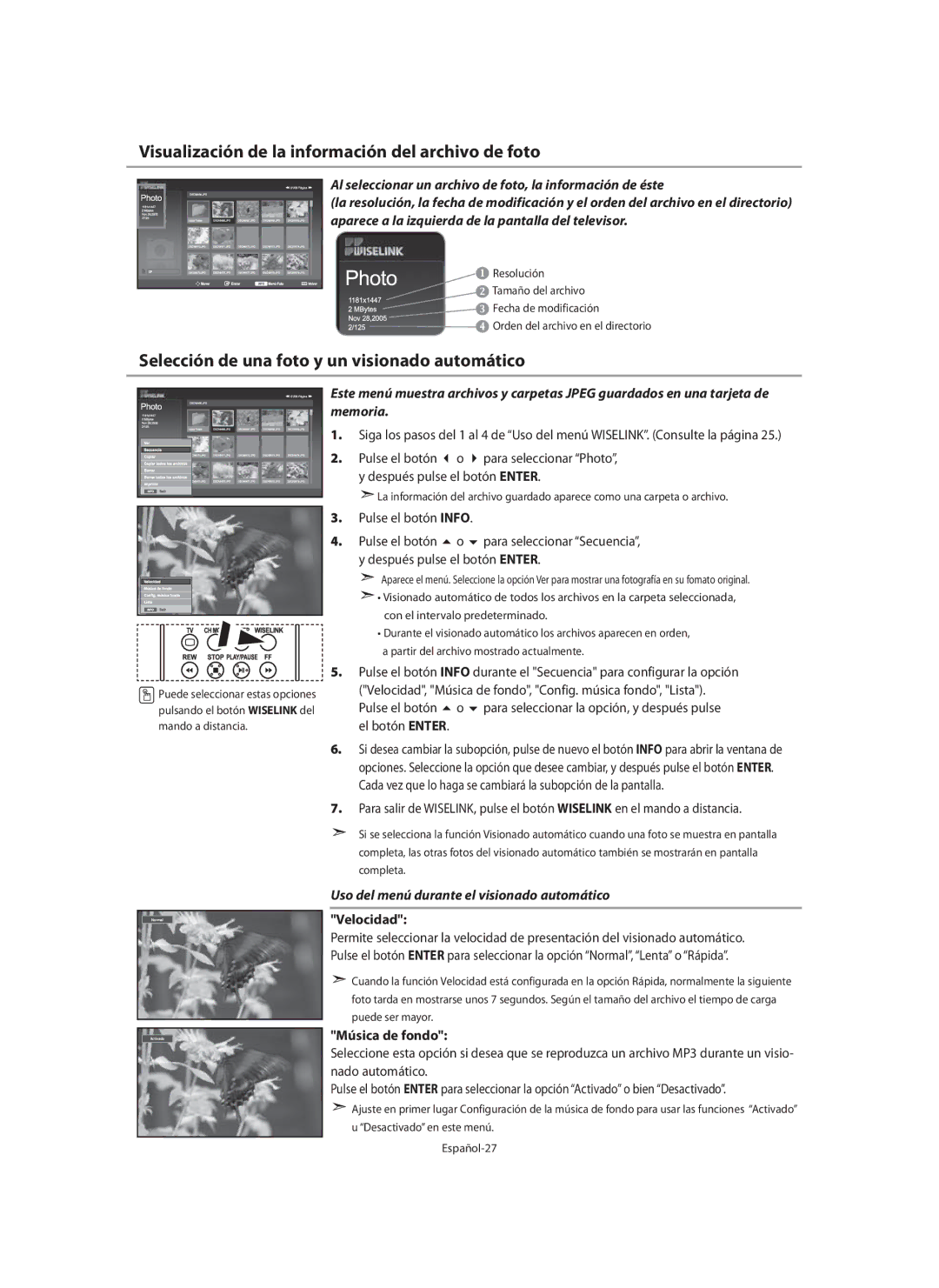 Samsung LE40N7 manual Visualización de la información del archivo de foto, Selección de una foto y un visionado automático 