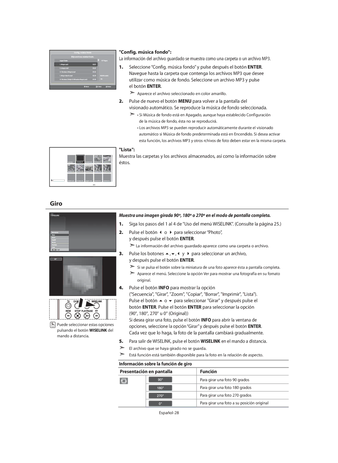 Samsung LE32N7, LE46N7, LE40N7 manual Giro, Config. música fondo 