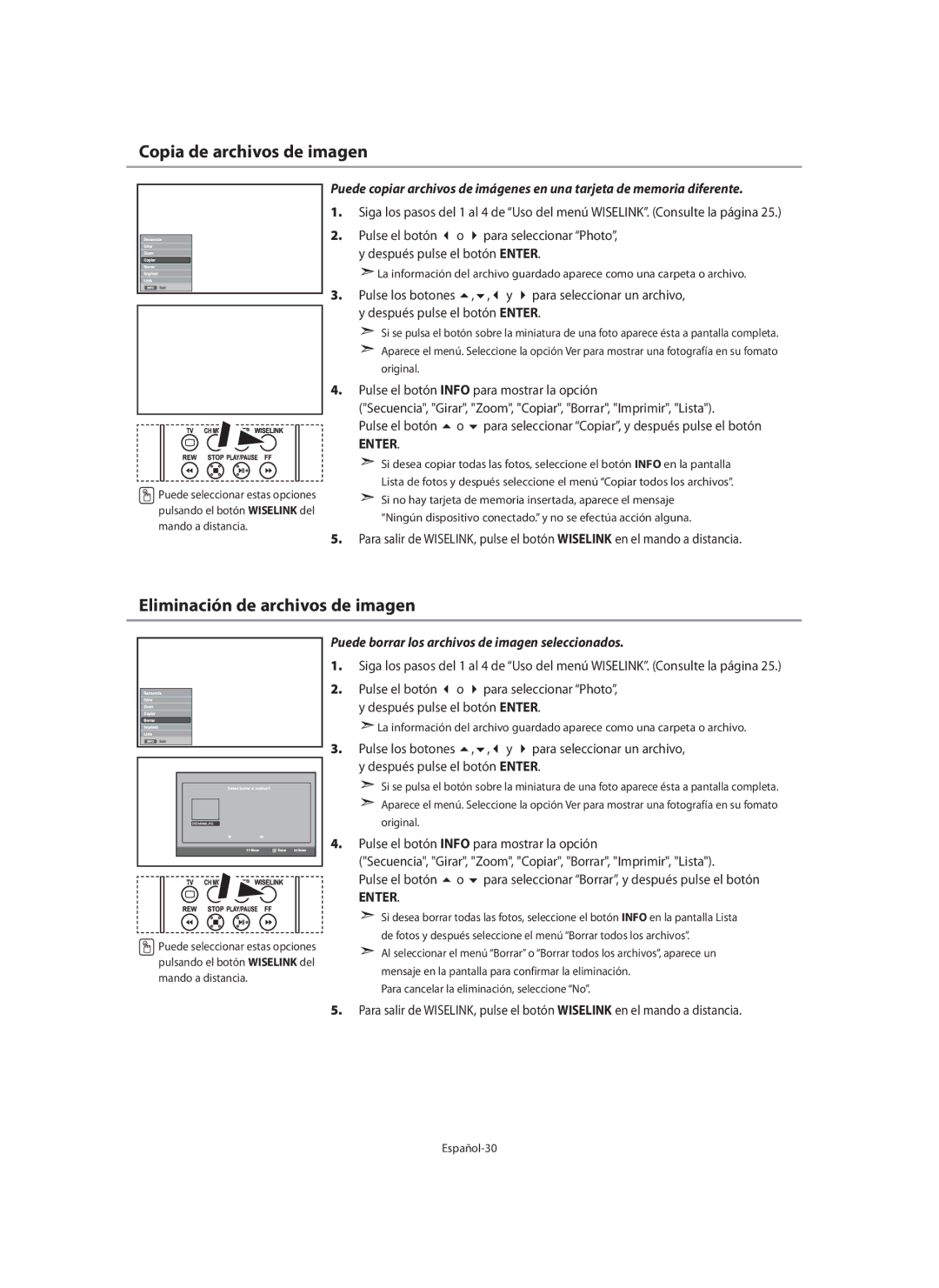 Samsung LE40N7, LE46N7, LE32N7 manual Copia de archivos de imagen, Eliminación de archivos de imagen, Español-30 