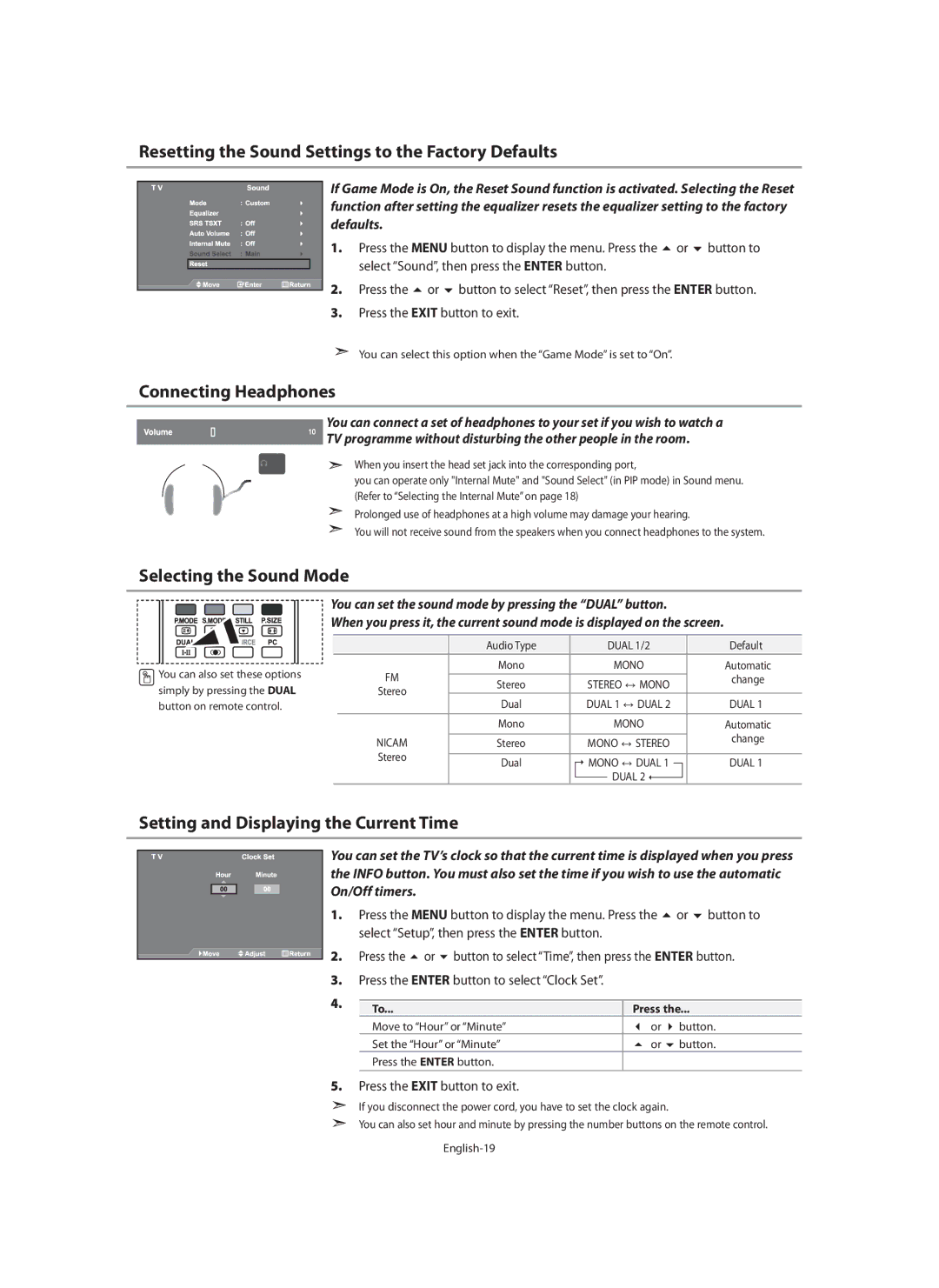 Samsung LE46N7 manual Resetting the Sound Settings to the Factory Defaults, Connecting Headphones, Selecting the Sound Mode 