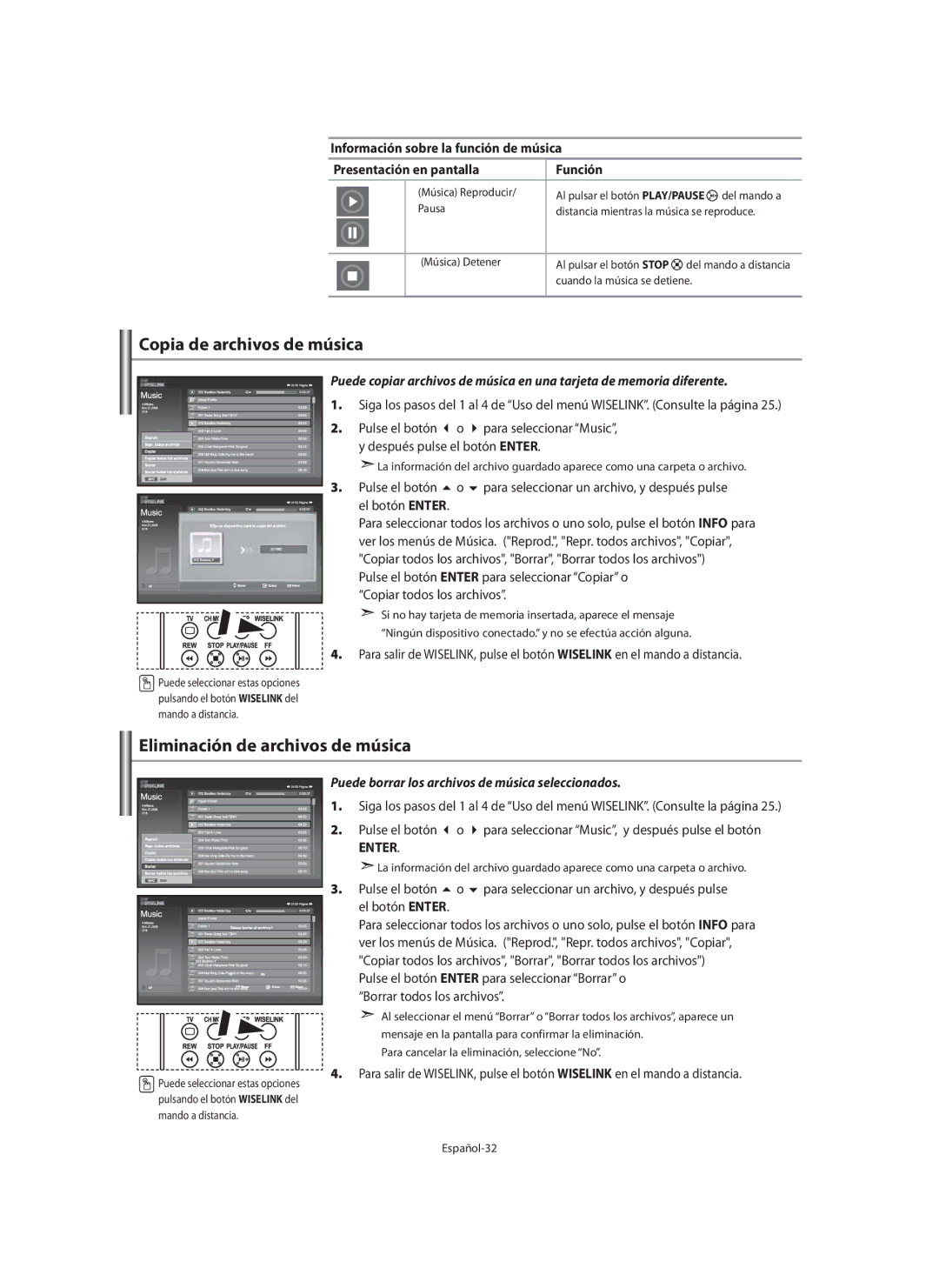 Samsung LE46N7, LE40N7, LE32N7 manual Copia de archivos de música, Eliminación de archivos de música, Español-32 