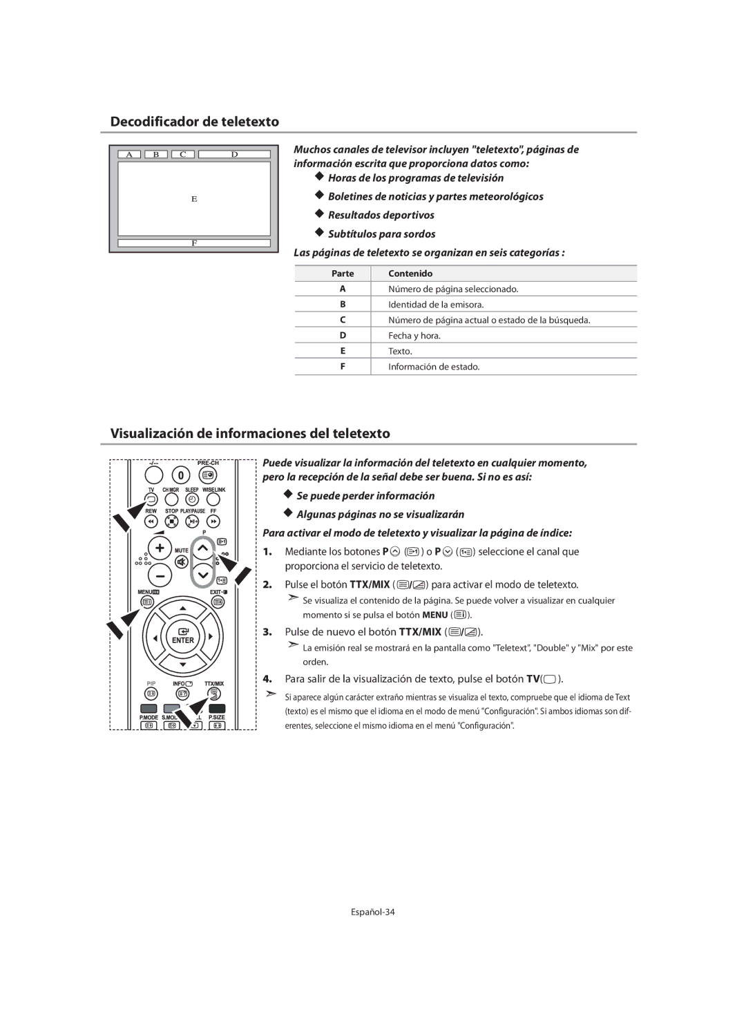 Samsung LE32N7 Decodificador de teletexto, Visualización de informaciones del teletexto, Pulse de nuevo el botón TTX/MIX 