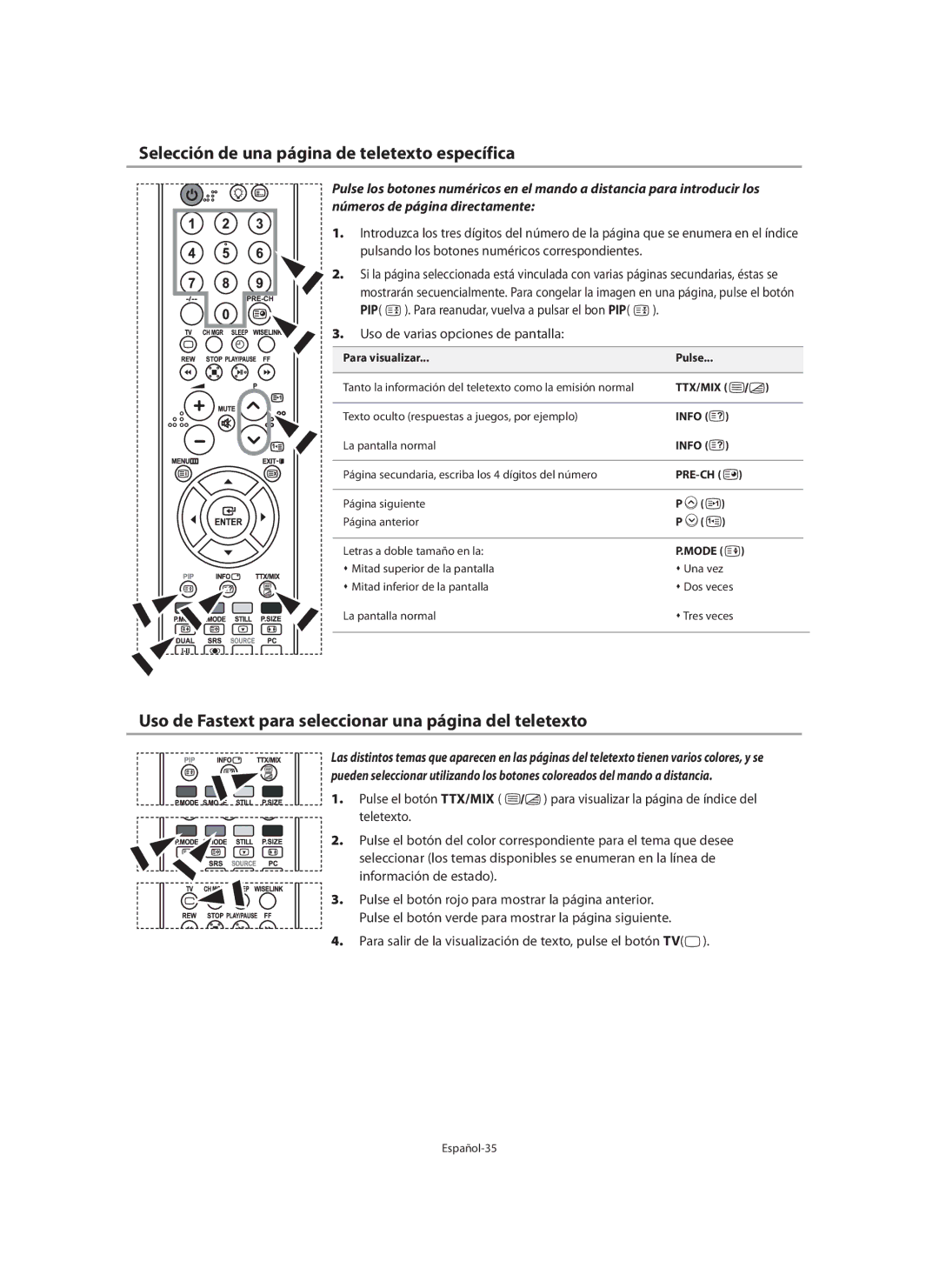 Samsung LE46N7 Selección de una página de teletexto específica, Uso de Fastext para seleccionar una página del teletexto 