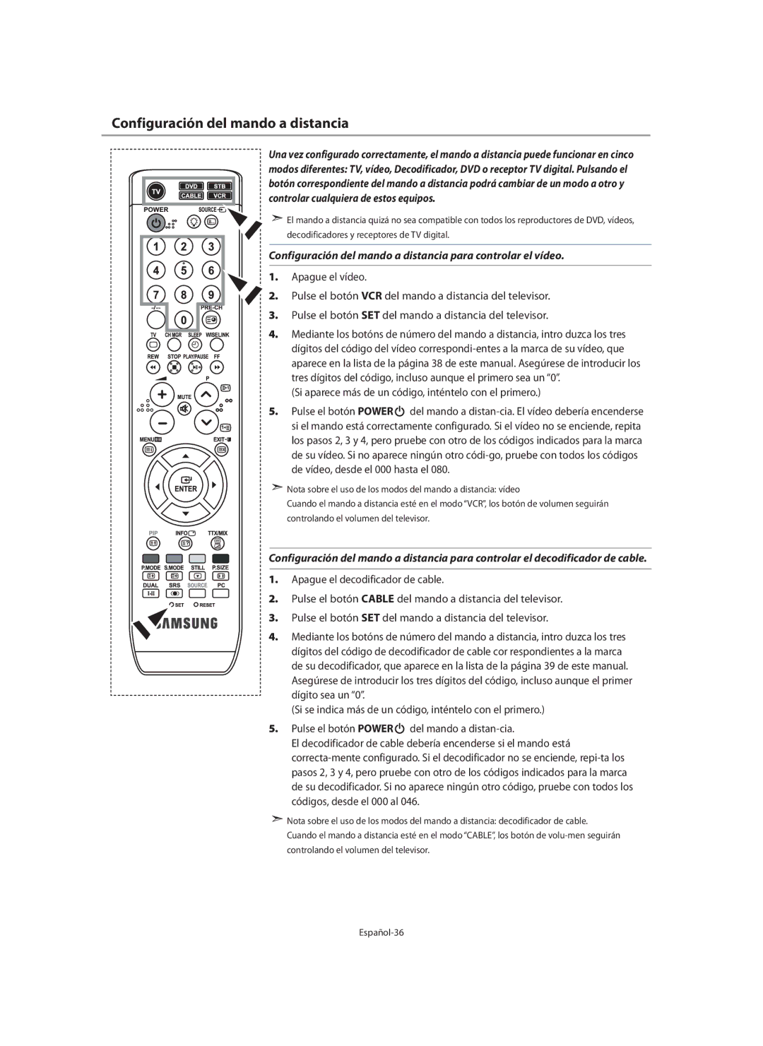 Samsung LE40N7, LE46N7, LE32N7 manual Configuración del mando a distancia para controlar el vídeo 