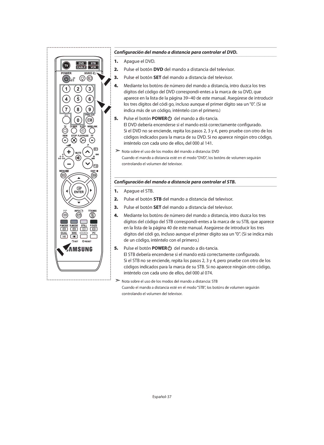 Samsung LE32N7, LE46N7, LE40N7 manual Configuración del mando a distancia para controlar el DVD 