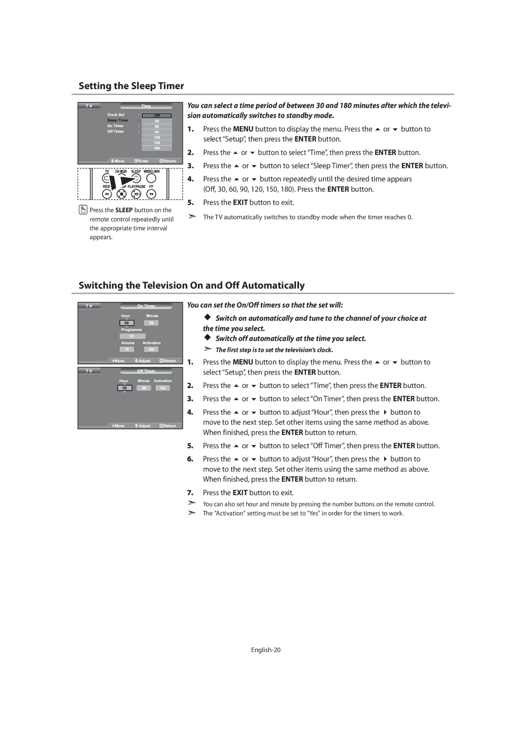 Samsung LE40N7, LE46N7, LE32N7 Setting the Sleep Timer, Switching the Television On and Off Automatically, Or button to 