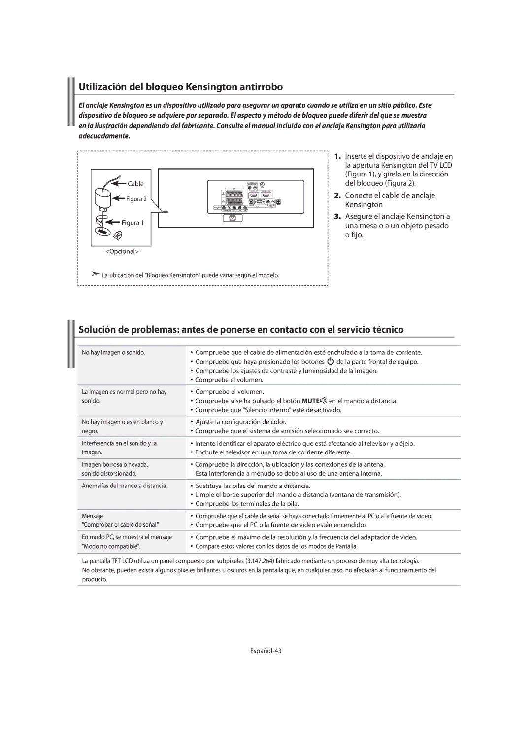 Samsung LE32N7, LE46N7, LE40N7 manual Utilización del bloqueo Kensington antirrobo, Cable 