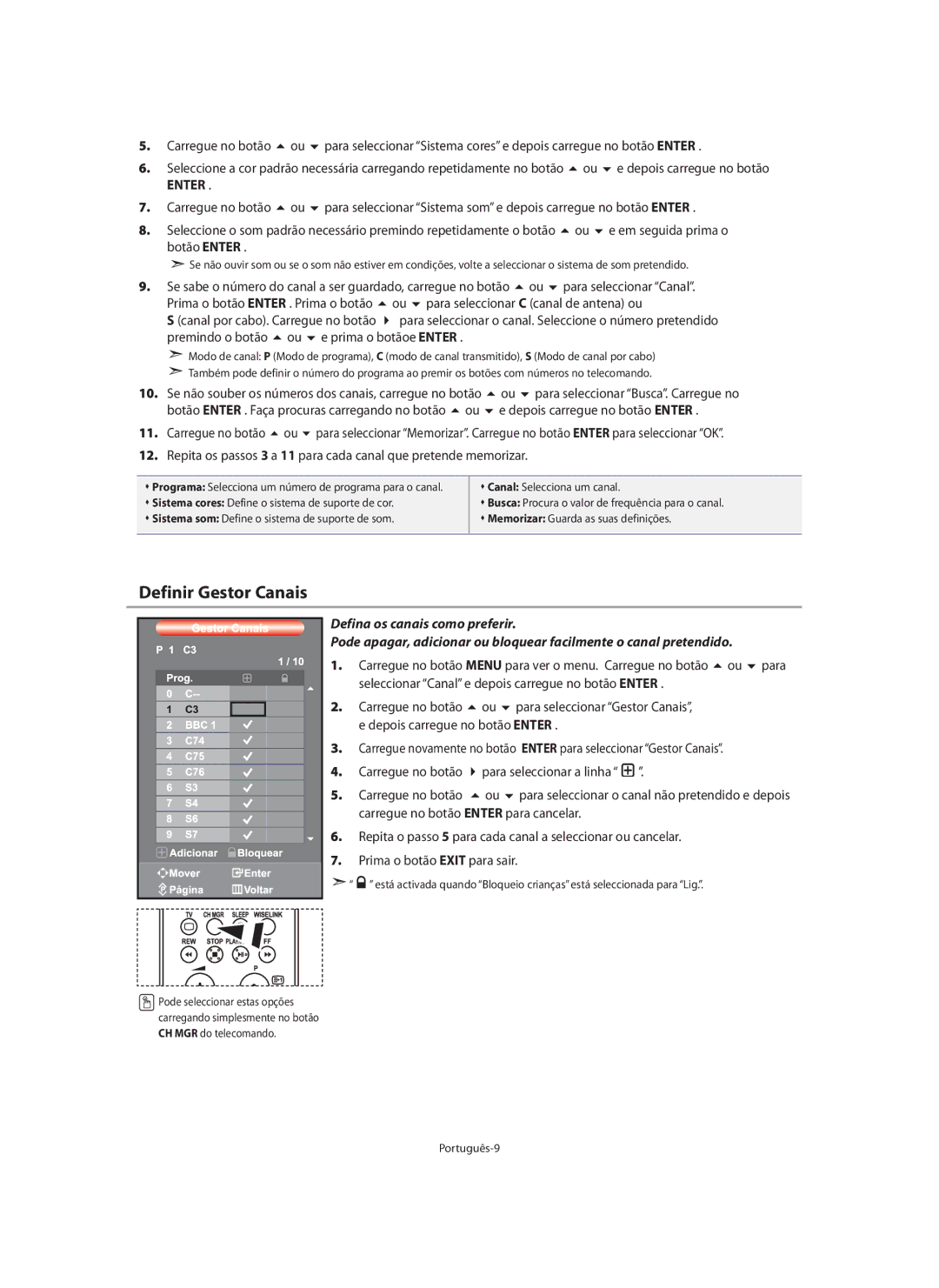 Samsung LE46N7, LE40N7, LE32N7 manual Definir Gestor Canais 