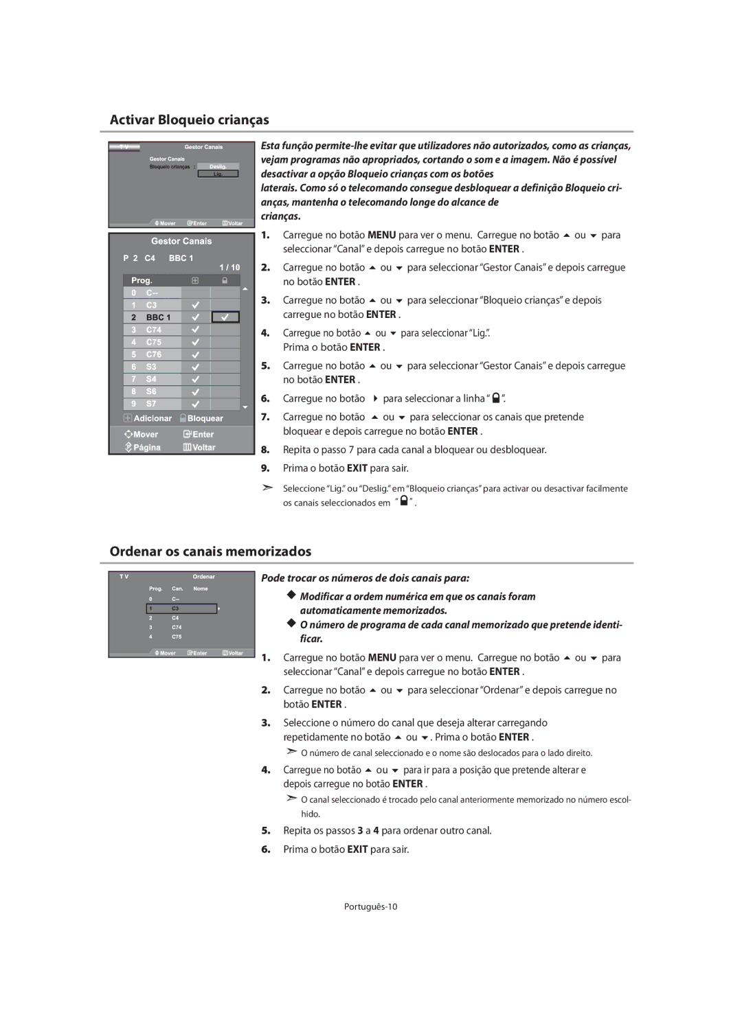 Samsung LE40N7, LE46N7, LE32N7 Activar Bloqueio crianças, Ordenar os canais memorizados, No botão Enter Carregue no botão 