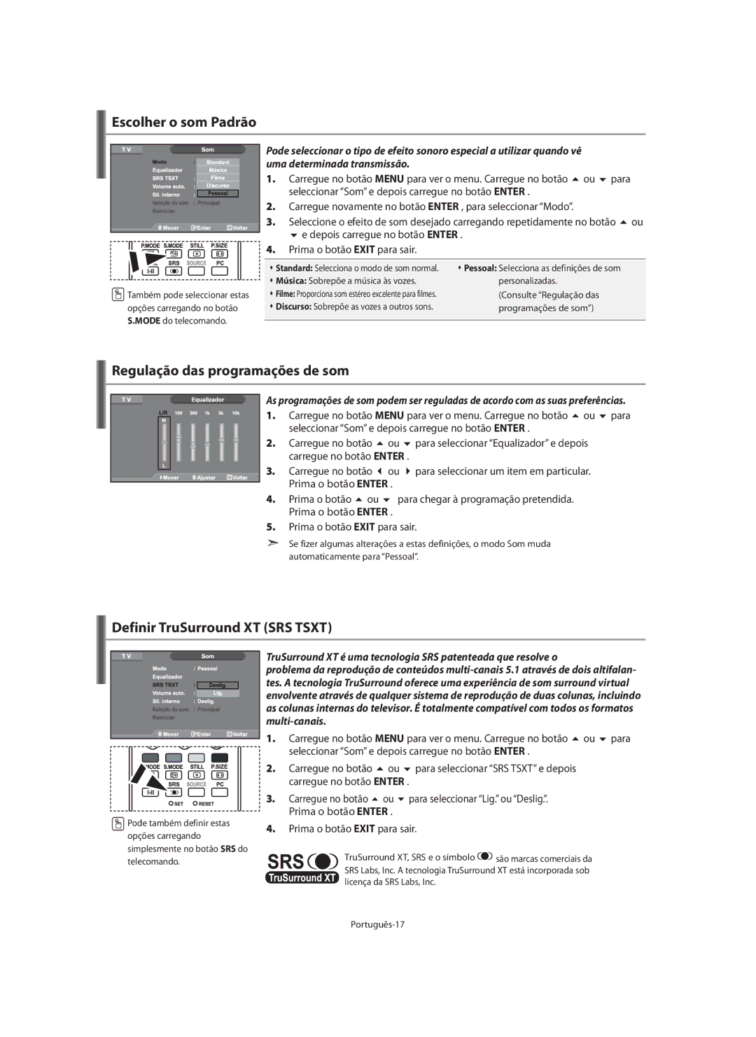 Samsung LE32N7, LE46N7, LE40N7 Escolher o som Padrão, Regulação das programações de som, Definir TruSurround XT SRS Tsxt 