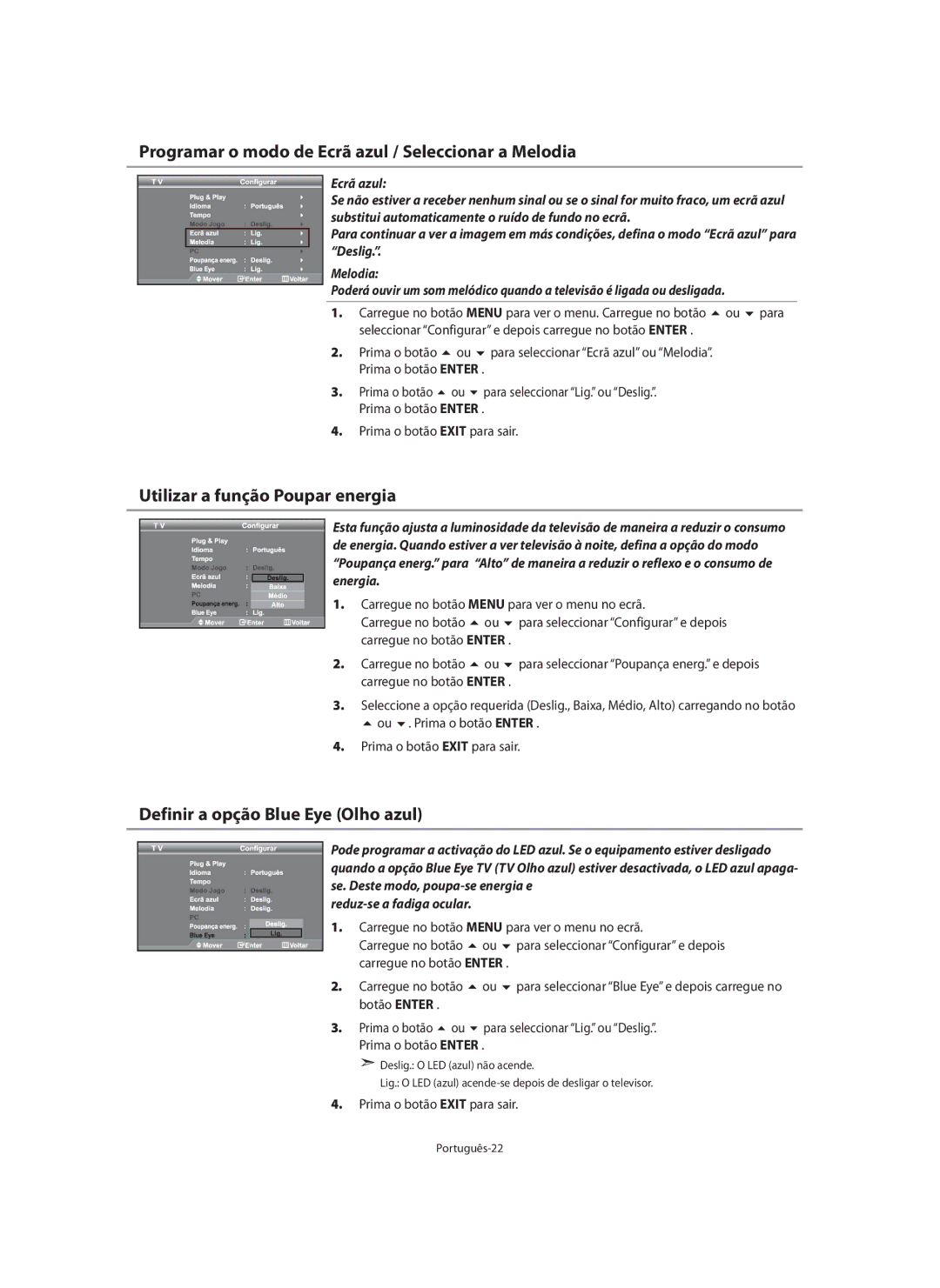 Samsung LE40N7, LE46N7, LE32N7 manual Programar o modo de Ecrã azul / Seleccionar a Melodia, Utilizar a função Poupar energia 