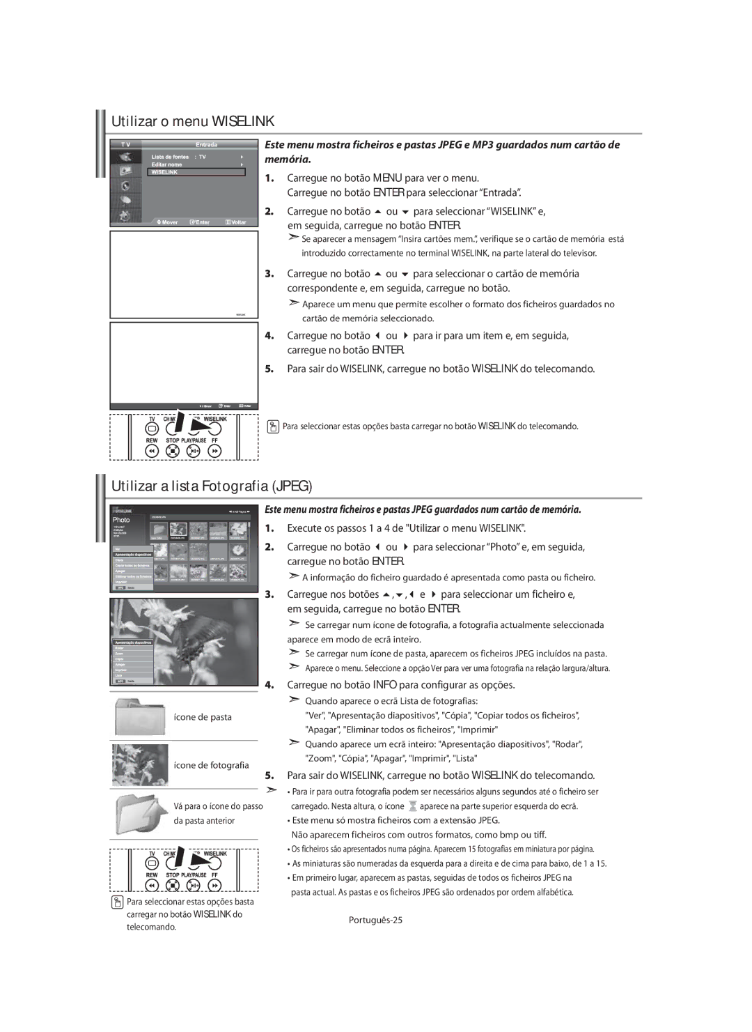 Samsung LE40N7, LE46N7 manual Utilizar o menu Wiselink, Utilizar a lista Fotografia Jpeg, Ícone de pasta Ícone de fotografia 