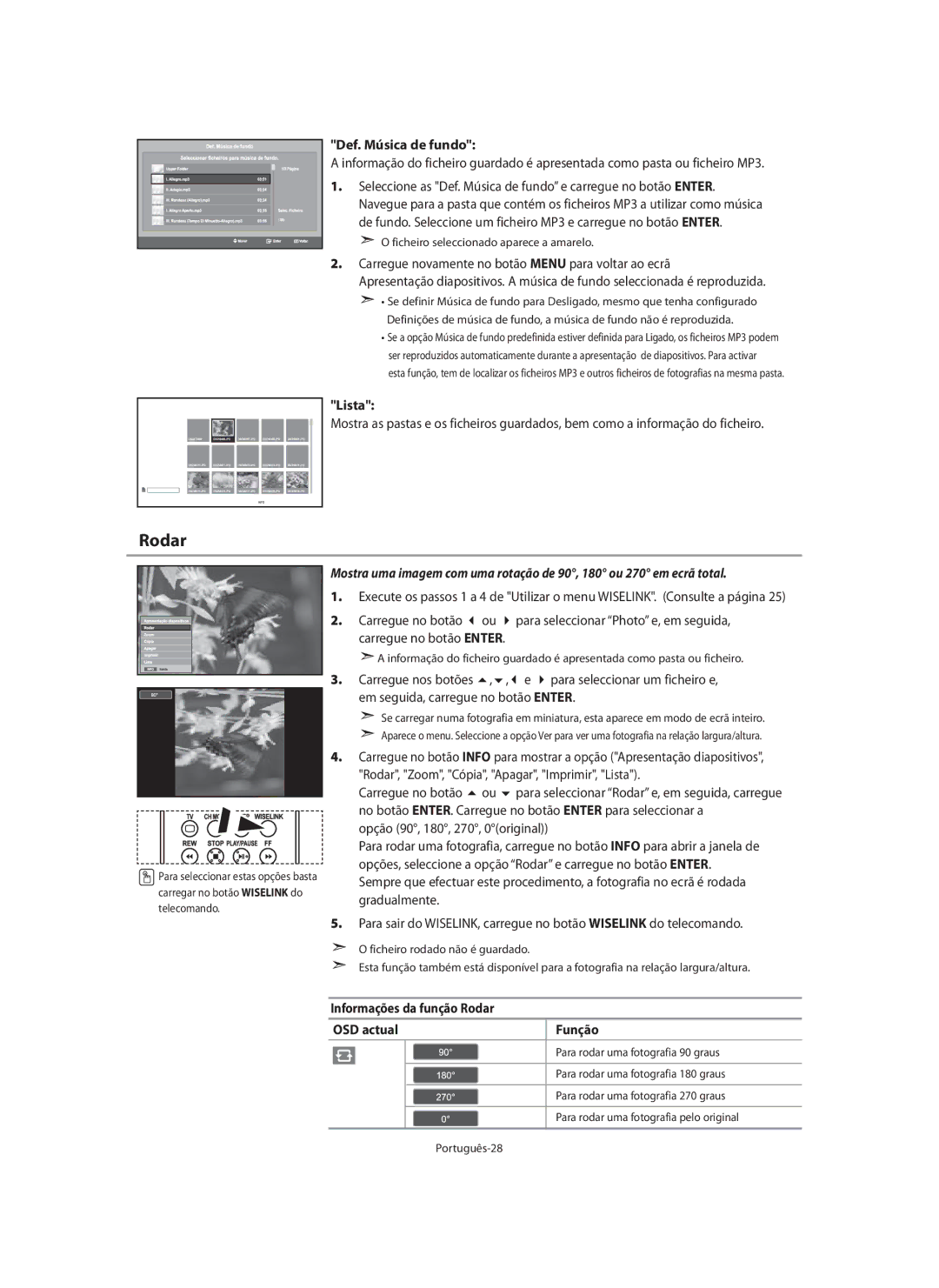 Samsung LE40N7, LE46N7, LE32N7 manual Def. Música de fundo, Informações da função Rodar OSD actual Função 