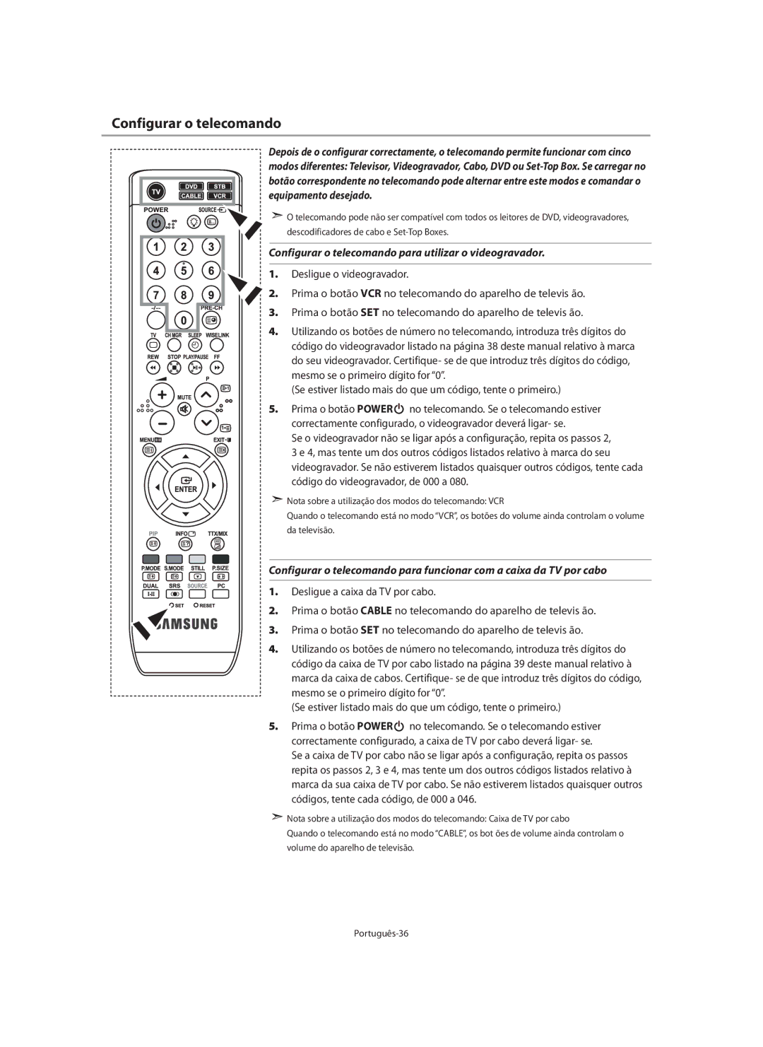 Samsung LE46N7, LE40N7, LE32N7 manual Configurar o telecomando para utilizar o videogravador 