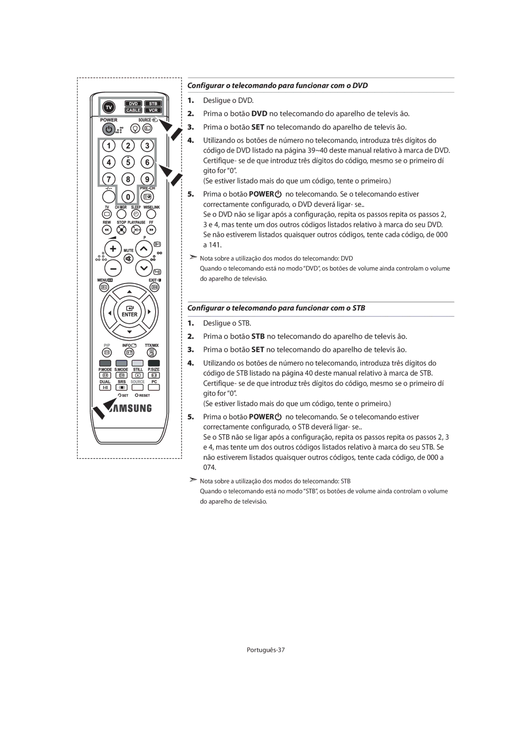 Samsung LE40N7 manual Configurar o telecomando para funcionar com o DVD, Configurar o telecomando para funcionar com o STB 