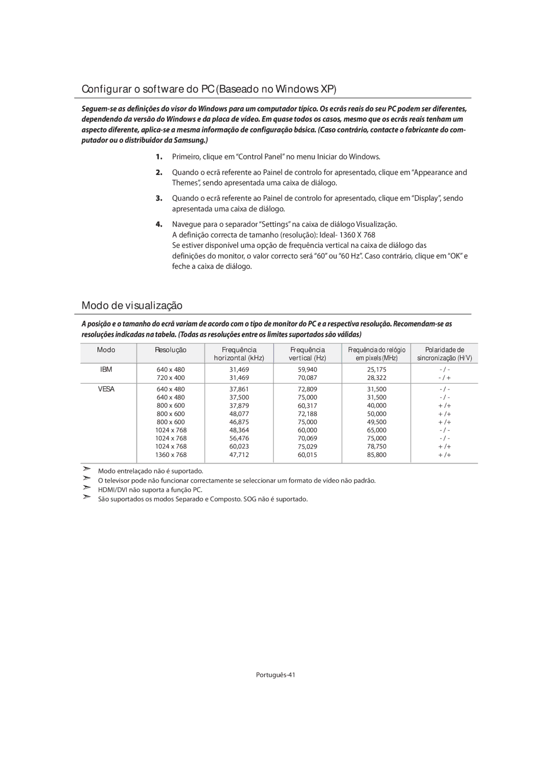 Samsung LE32N7, LE46N7 Configurar o software do PC Baseado no Windows XP, Modo de visualização, Modo Resolução Frequência 