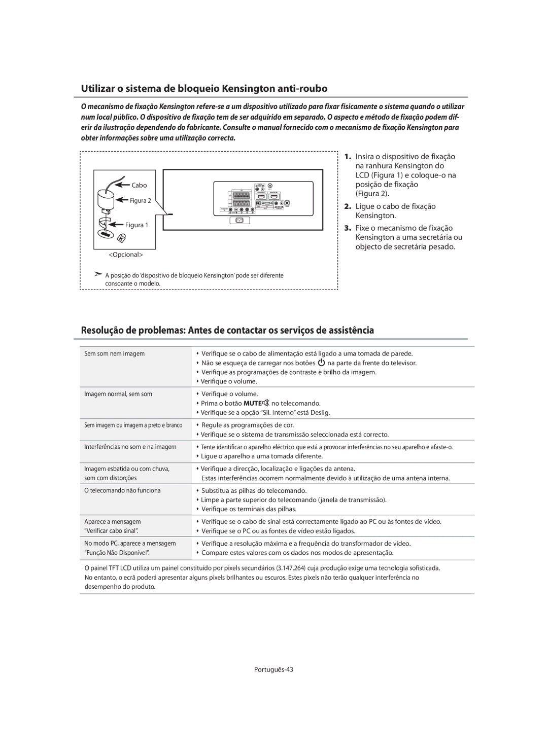 Samsung LE40N7, LE46N7, LE32N7 manual Utilizar o sistema de bloqueio Kensington anti-roubo, Cabo 