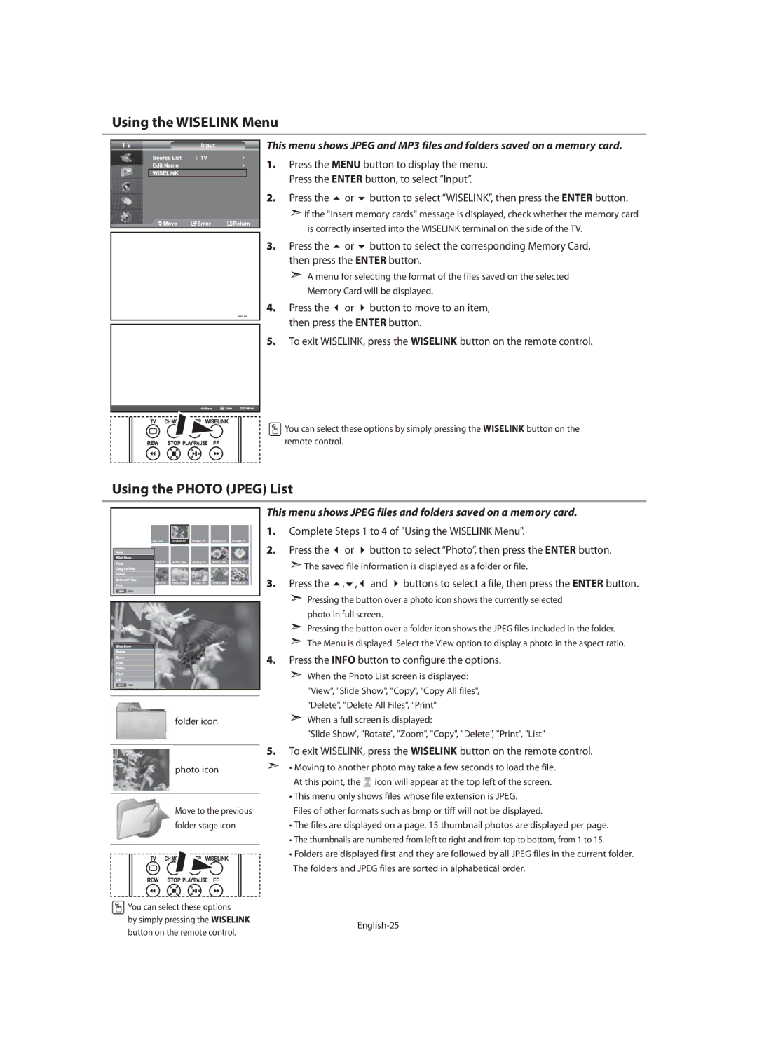 Samsung LE46N7, LE40N7, LE32N7 manual Using the Photo Jpeg List, Complete Steps 1 to 4 of Using the Wiselink Menu Press 