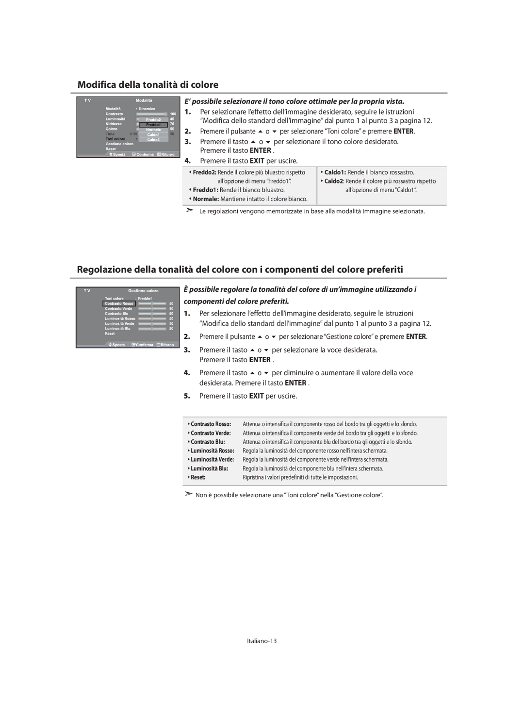 Samsung LE46N7, LE40N7, LE32N7 manual Modifica della tonalità di colore, Italiano-13 