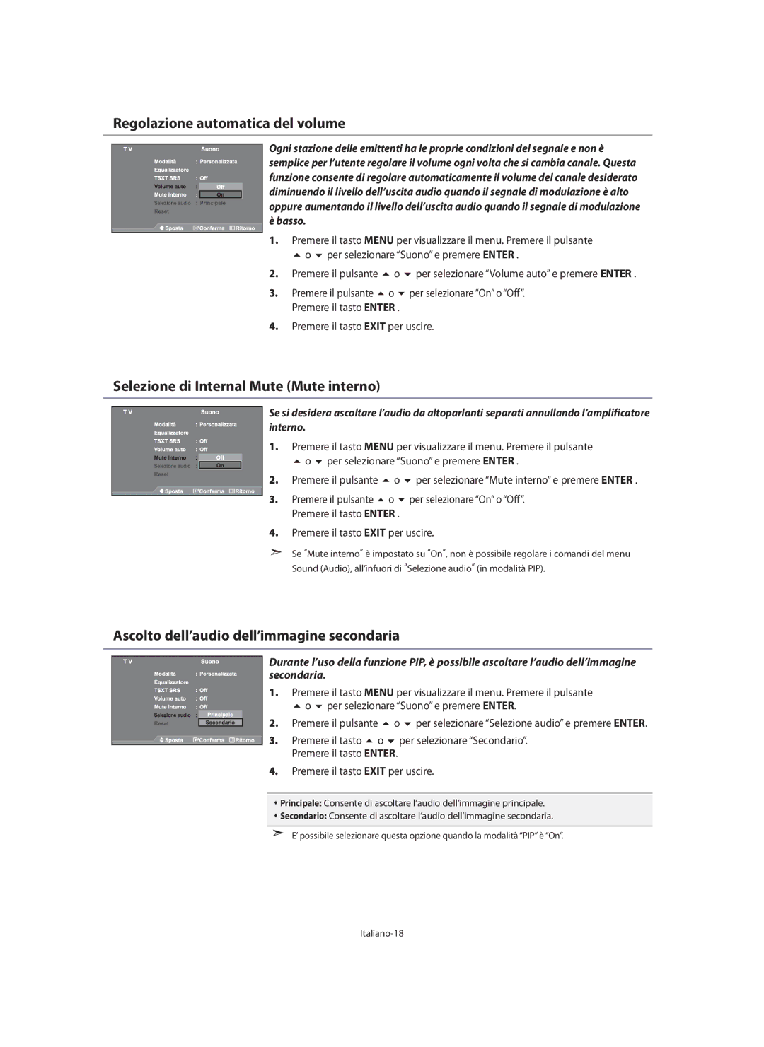 Samsung LE32N7, LE46N7, LE40N7 manual Regolazione automatica del volume, Selezione di Internal Mute Mute interno 