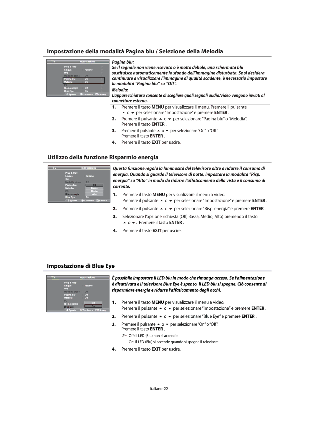 Samsung LE46N7, LE40N7, LE32N7 Utilizzo della funzione Risparmio energia, Per selezionare Pagina blu o Melodia, Italiano-22 