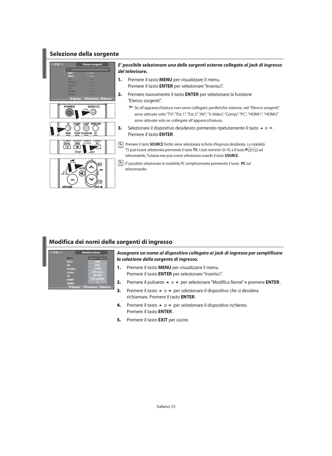Samsung LE40N7, LE46N7, LE32N7 manual Selezione della sorgente, Modifica dei nomi delle sorgenti di ingresso, Italiano-23 