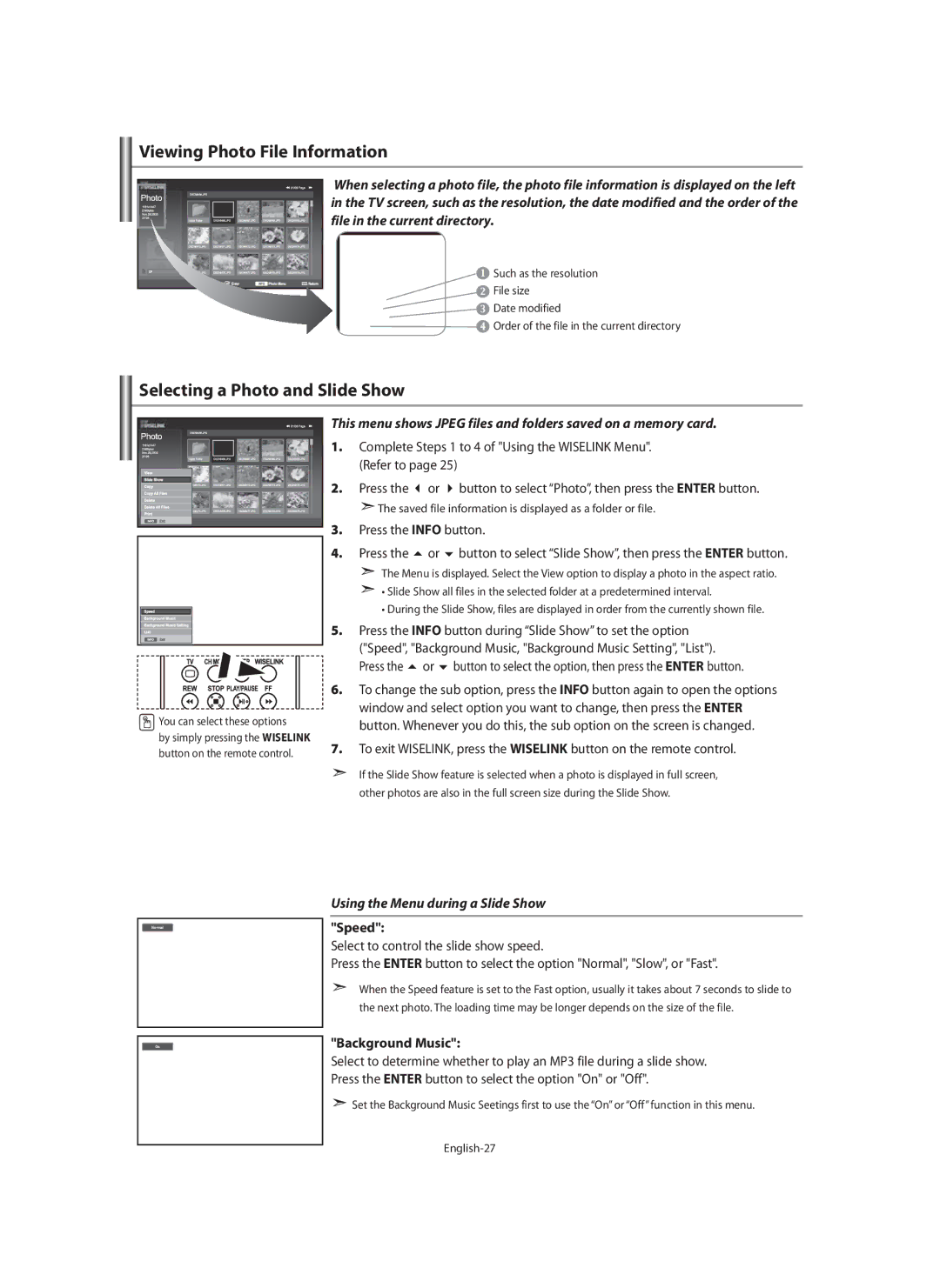 Samsung LE32N7 Viewing Photo File Information, Selecting a Photo and Slide Show, Using the Menu during a Slide Show, Speed 