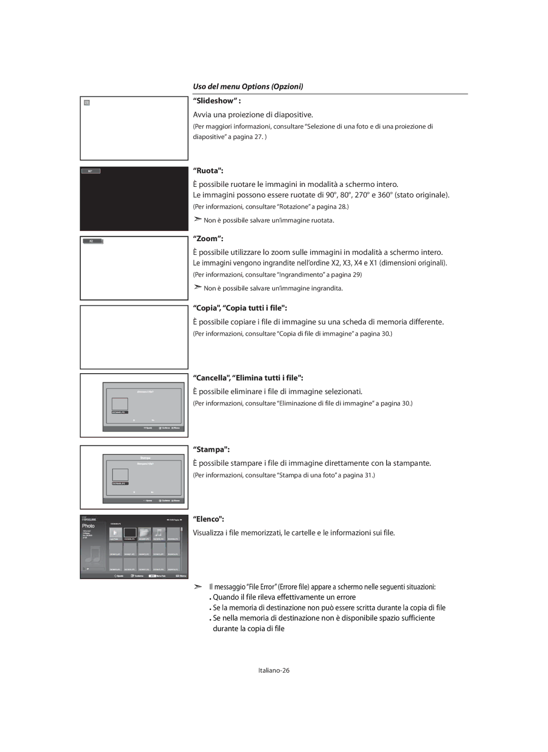 Samsung LE40N7, LE46N7, LE32N7 manual Uso del menu Options Opzioni, Italiano-26 