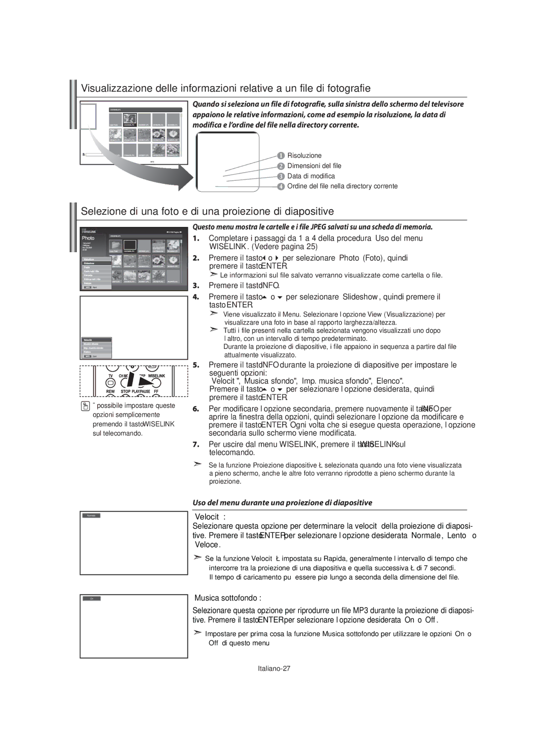 Samsung LE32N7, LE46N7, LE40N7 manual Selezione di una foto e di una proiezione di diapositive, Italiano-27 