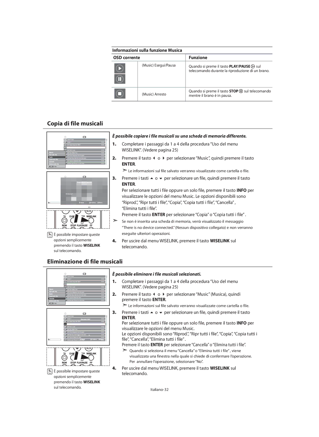 Samsung LE40N7, LE46N7, LE32N7 manual Informazioni sulla funzione Musica OSD corrente Funzione, Italiano-32 