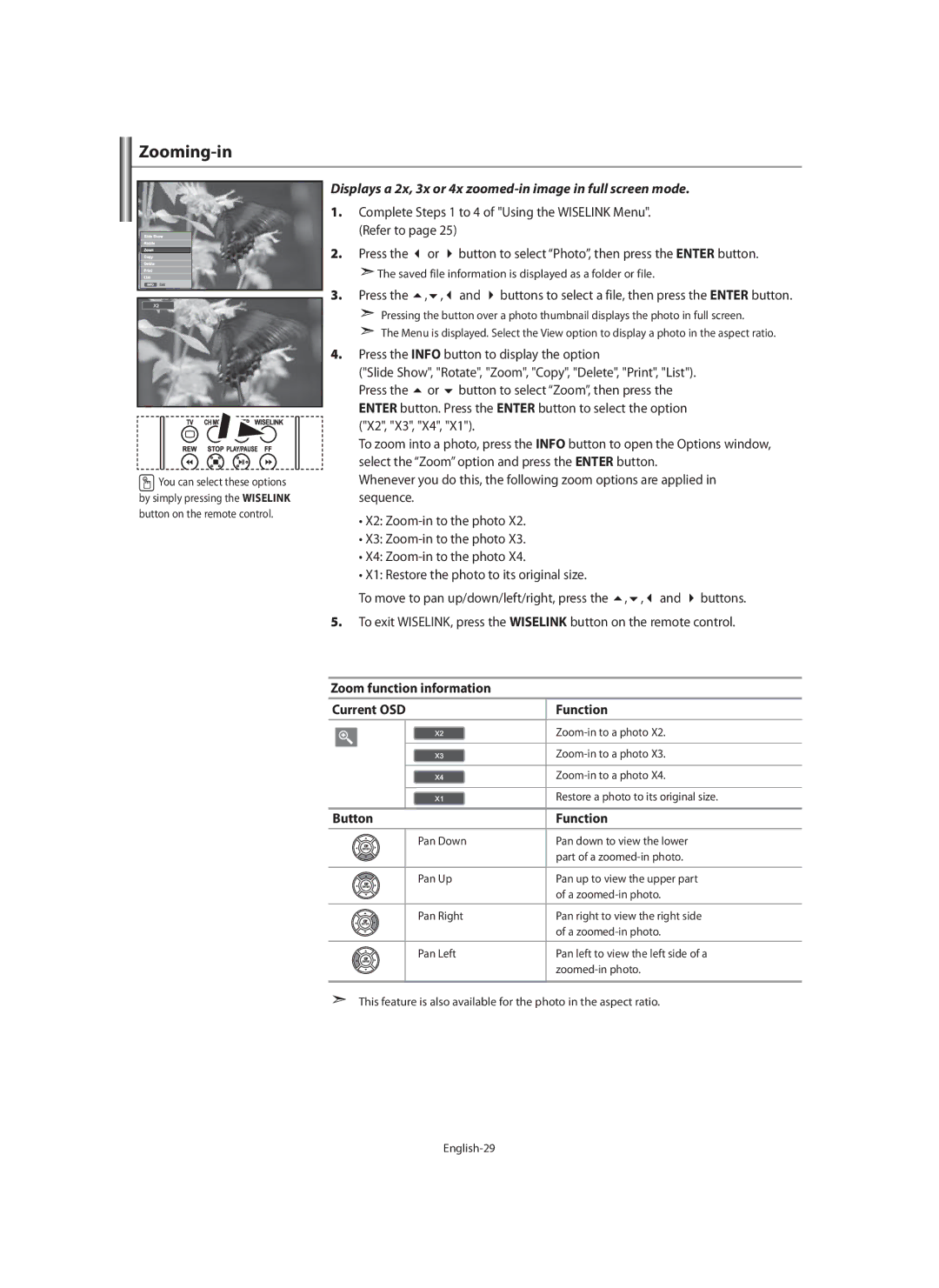 Samsung LE40N7, LE46N7, LE32N7 Zooming-in, Displays a 2x, 3x or 4x zoomed-in image in full screen mode, Button Function 