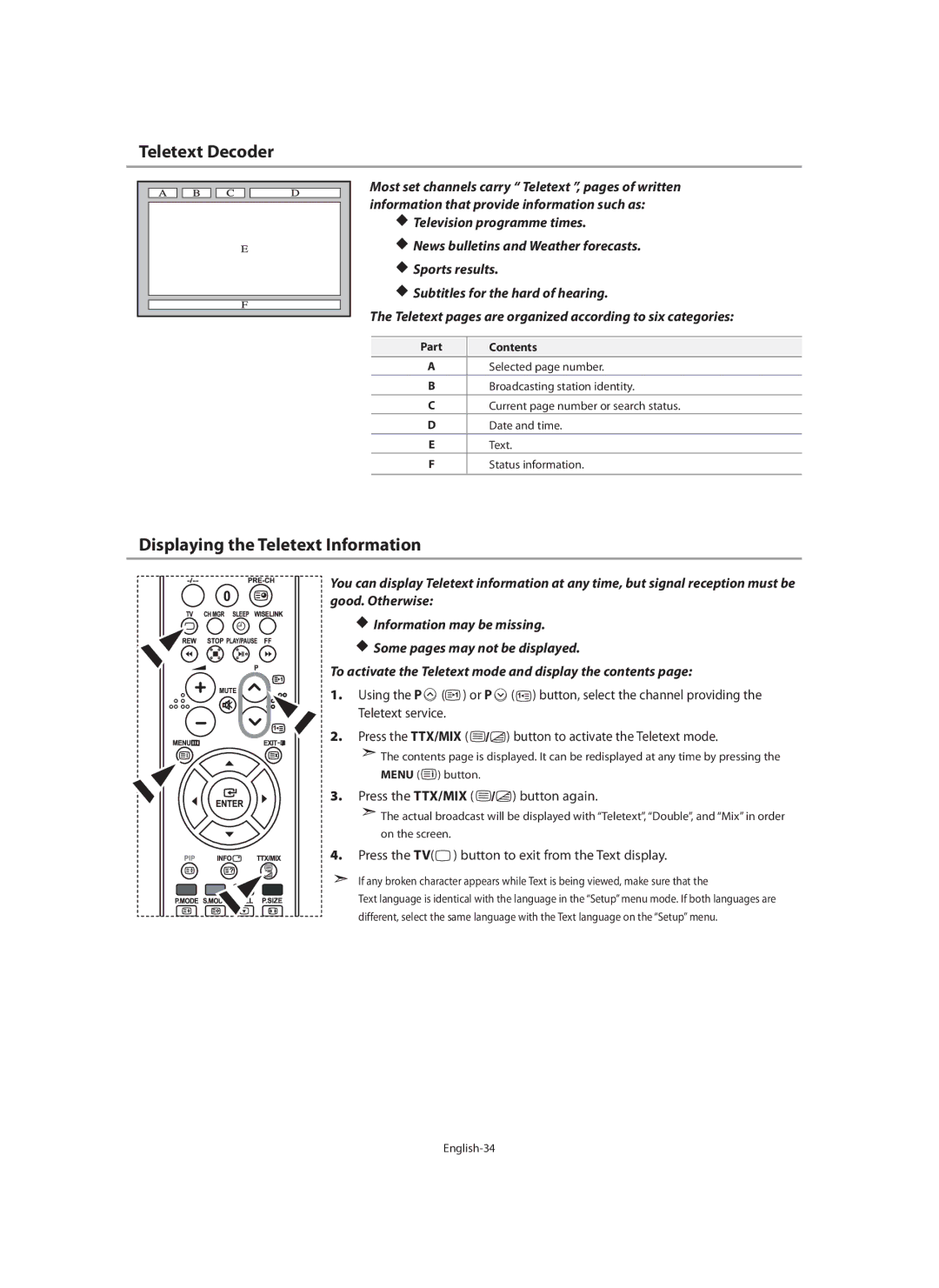 Samsung LE46N7 manual Teletext Decoder, Displaying the Teletext Information, Press the TTX/MIX button again, Part Contents 