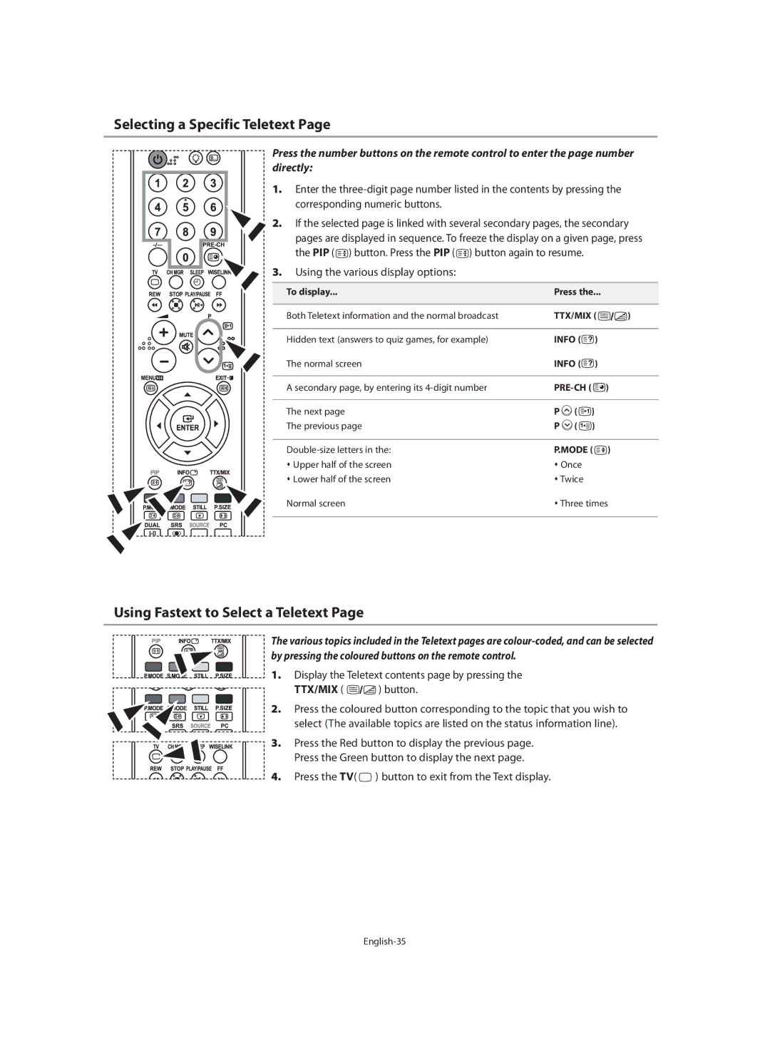 Samsung LE40N7 manual Selecting a Specific Teletext, Using Fastext to Select a Teletext, Using the various display options 