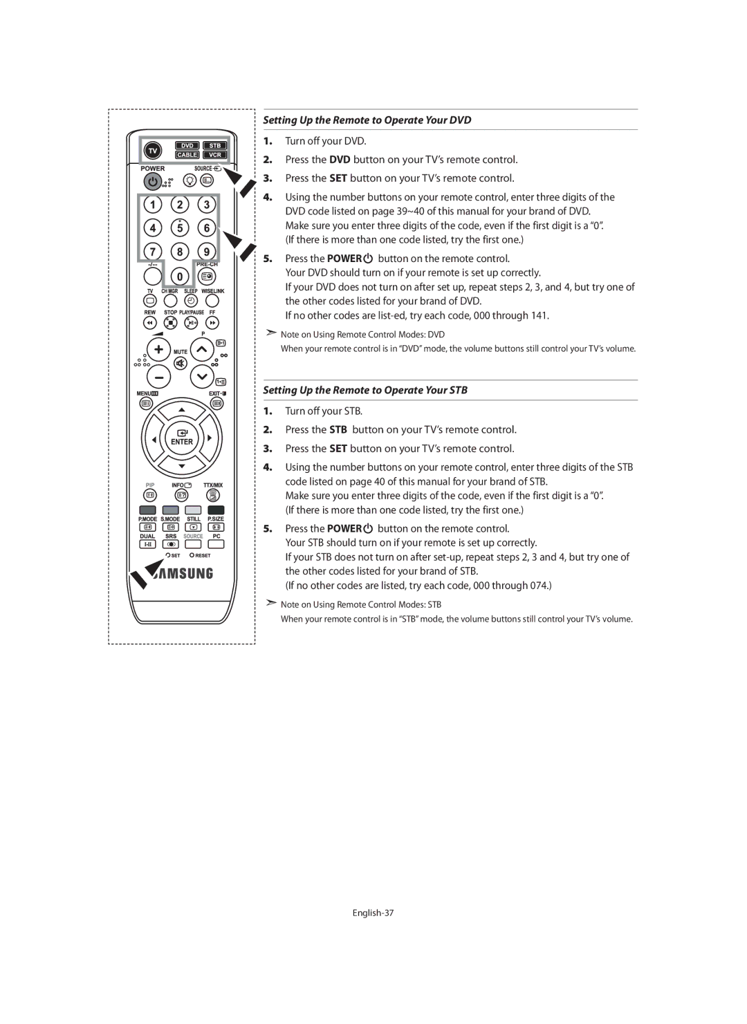 Samsung LE46N7, LE40N7, LE32N7 manual Setting Up the Remote to Operate Your DVD, Setting Up the Remote to Operate Your STB 