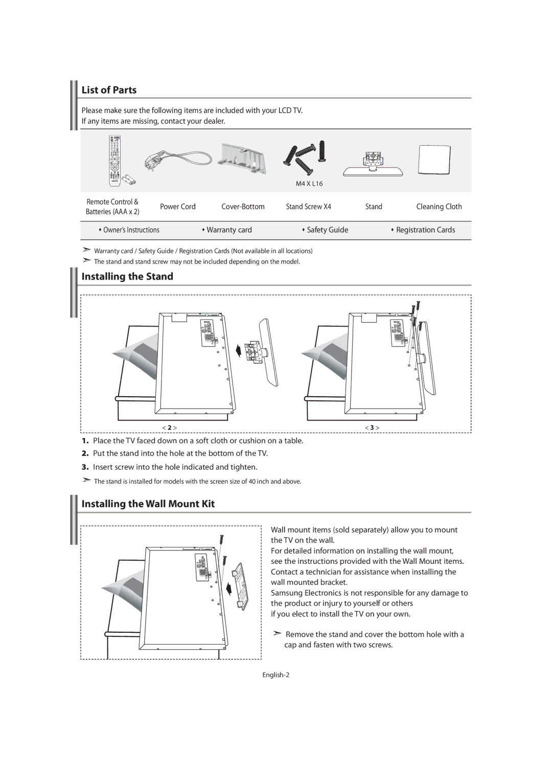 Samsung LE40N7 List of Parts, Installing the Stand, Installing the Wall Mount Kit, Cover-Bottom Stand Screw Cleaning Cloth 