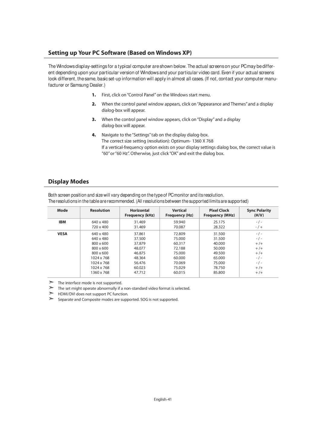 Samsung LE40N7, LE46N7, LE32N7 manual Setting up Your PC Software Based on Windows XP, Display Modes 