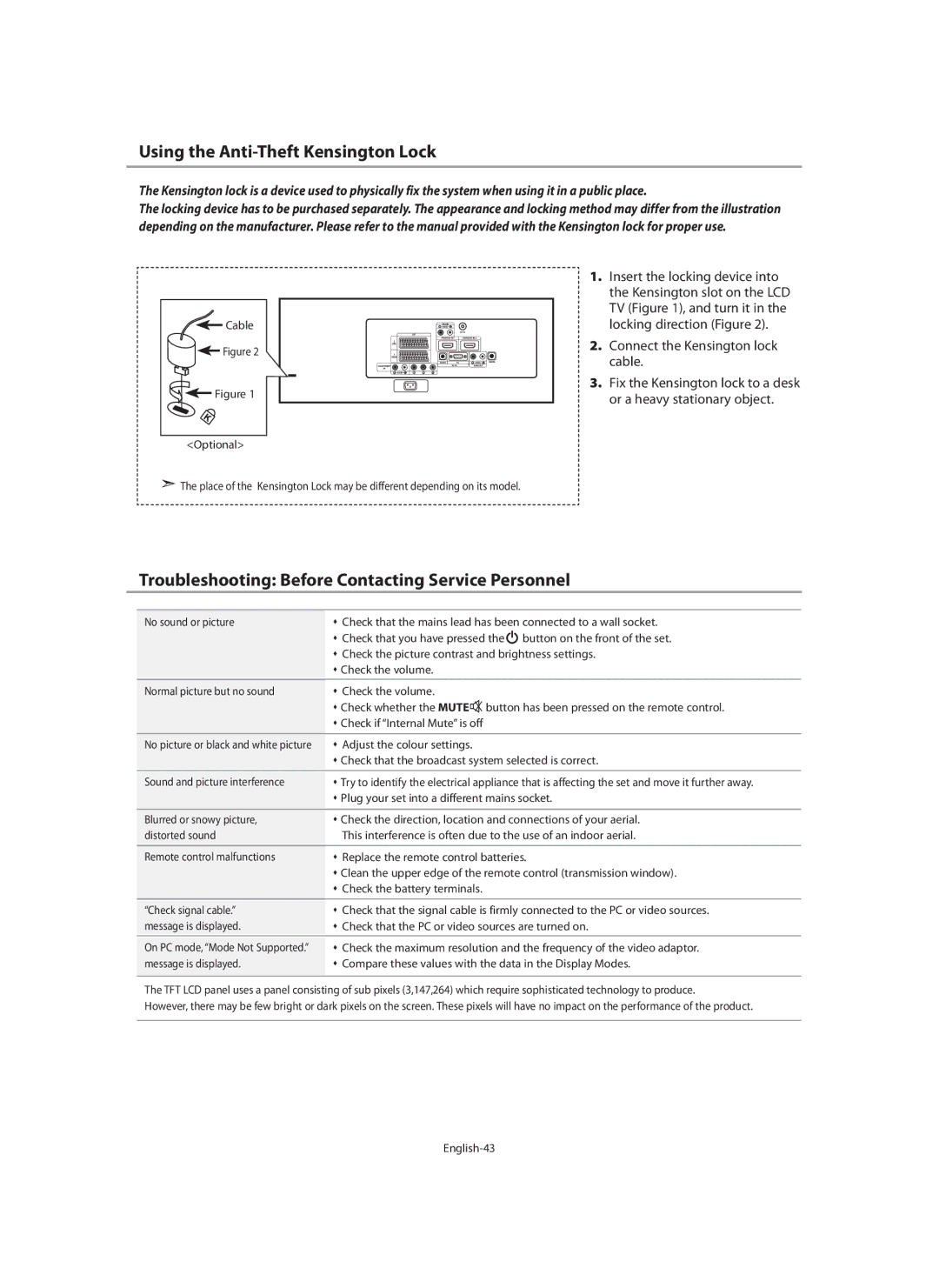 Samsung LE46N7, LE40N7, LE32N7 Using the Anti-Theft Kensington Lock, Troubleshooting Before Contacting Service Personnel 