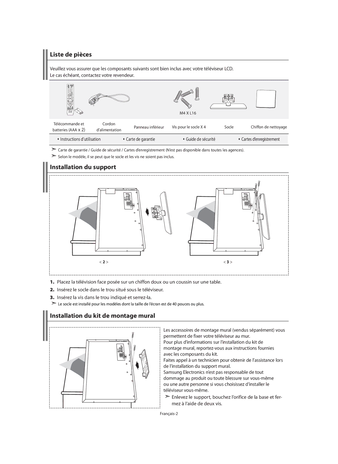 Samsung LE46N7, LE40N7 Liste de pièces, Installation du support, Installation du kit de montage mural, Carte de garantie 