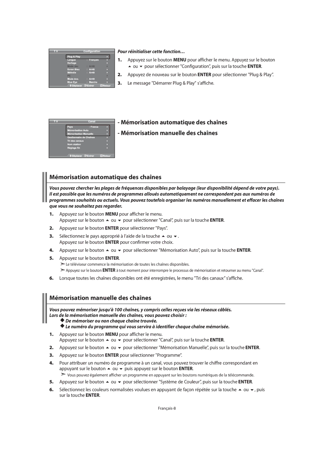 Samsung LE46N7 Mémorisation automatique des chaînes, Mémorisation manuelle des chaînes, Pour réinitialiser cette fonction… 