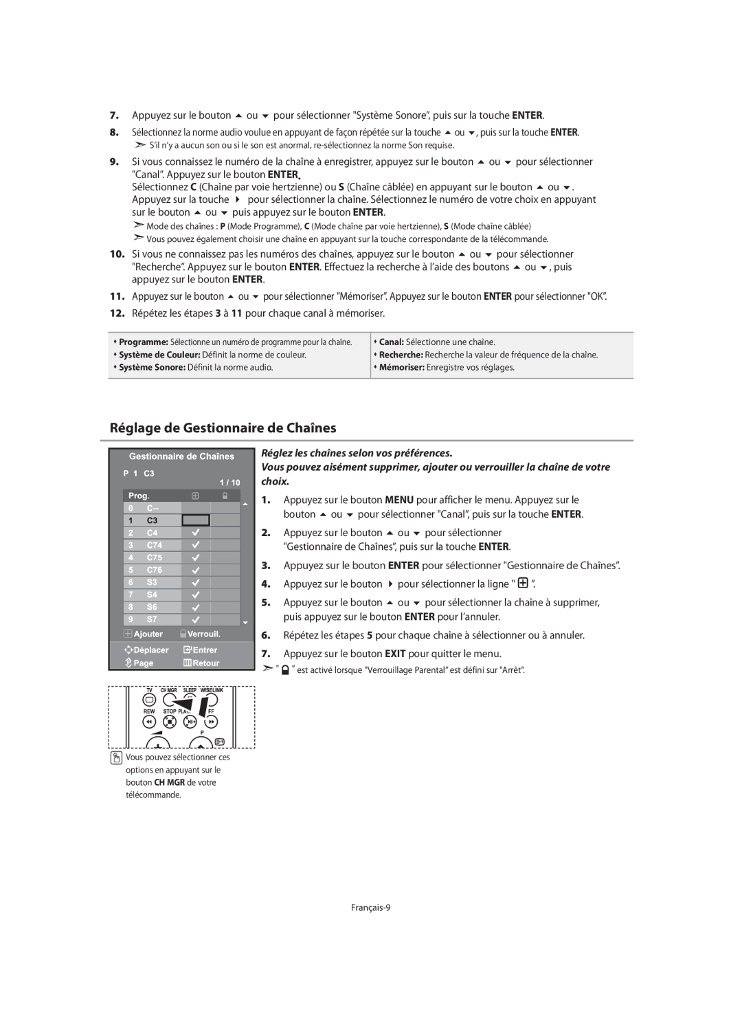 Samsung LE40N7, LE46N7, LE32N7 manual Réglage de Gestionnaire de Chaînes 