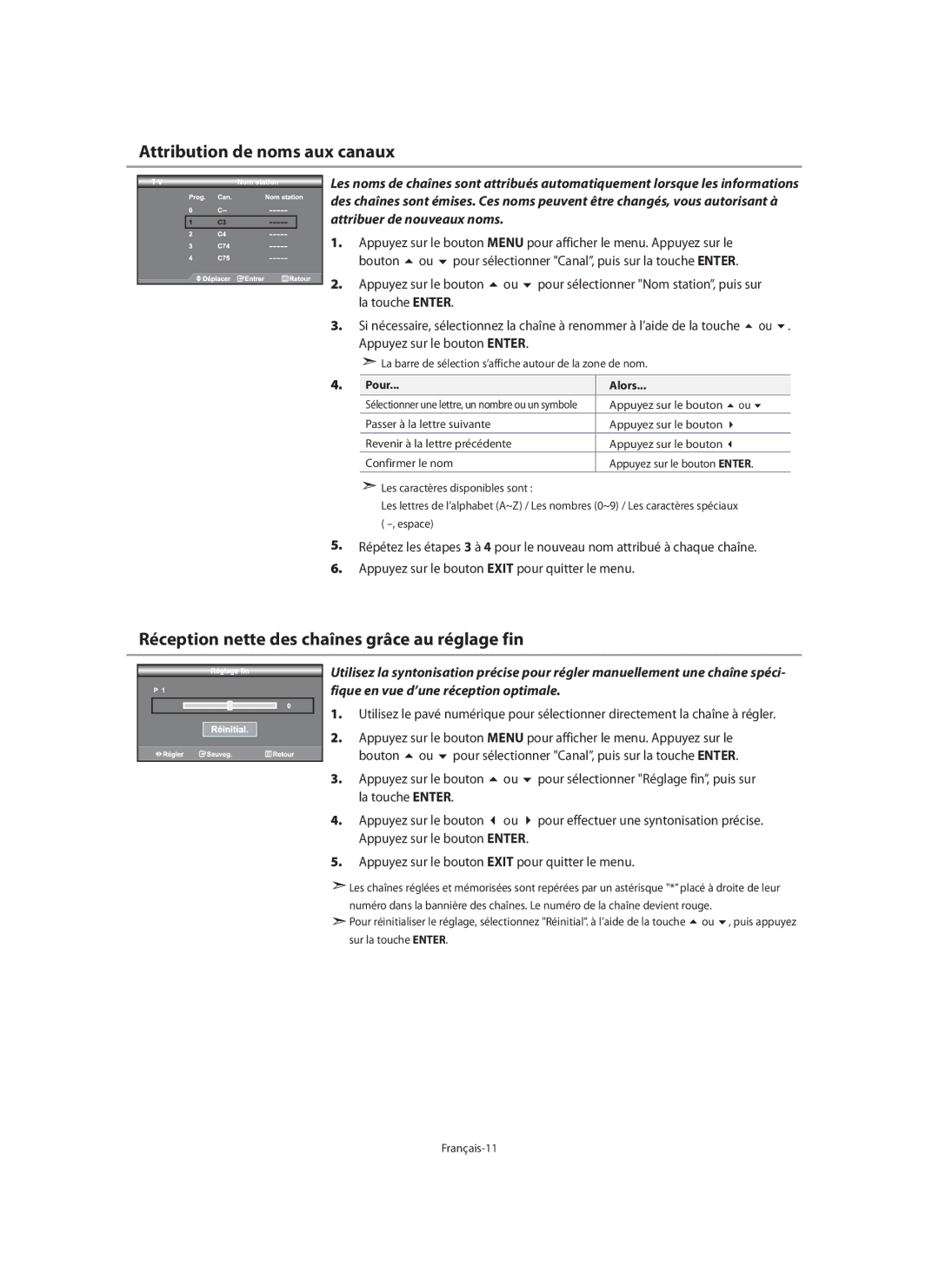Samsung LE46N7, LE40N7 Attribution de noms aux canaux, Réception nette des chaînes grâce au réglage fin, La touche Enter 