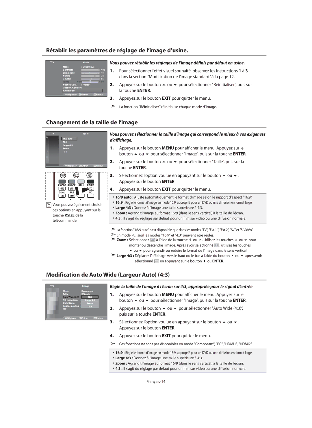 Samsung LE46N7, LE40N7, LE32N7 Rétablir les paramètres de réglage de l’image d’usine, Changement de la taille de l’image 