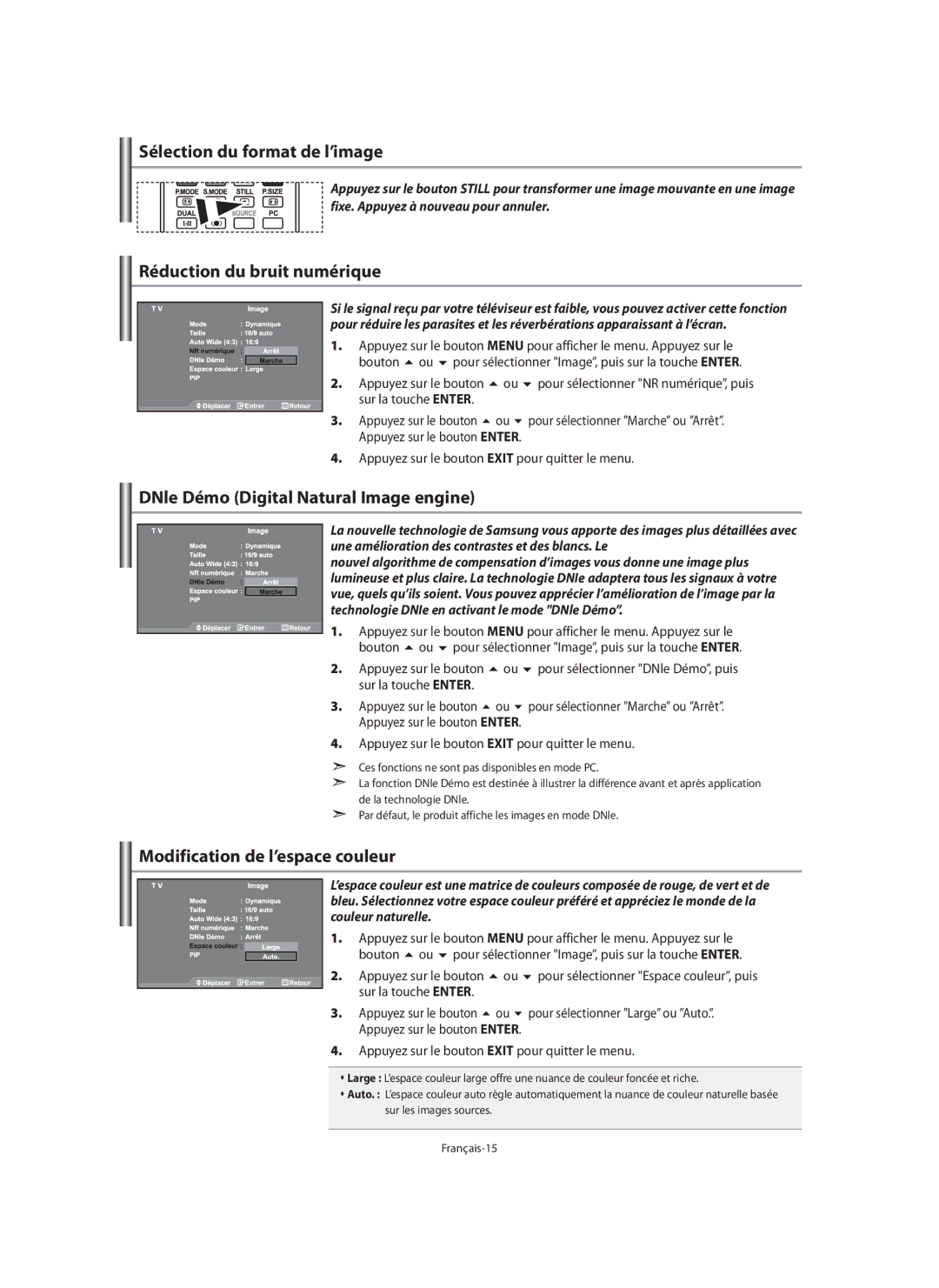 Samsung LE40N7 manual Sélection du format de l’image, Réduction du bruit numérique, DNle Démo Digital Natural Image engine 
