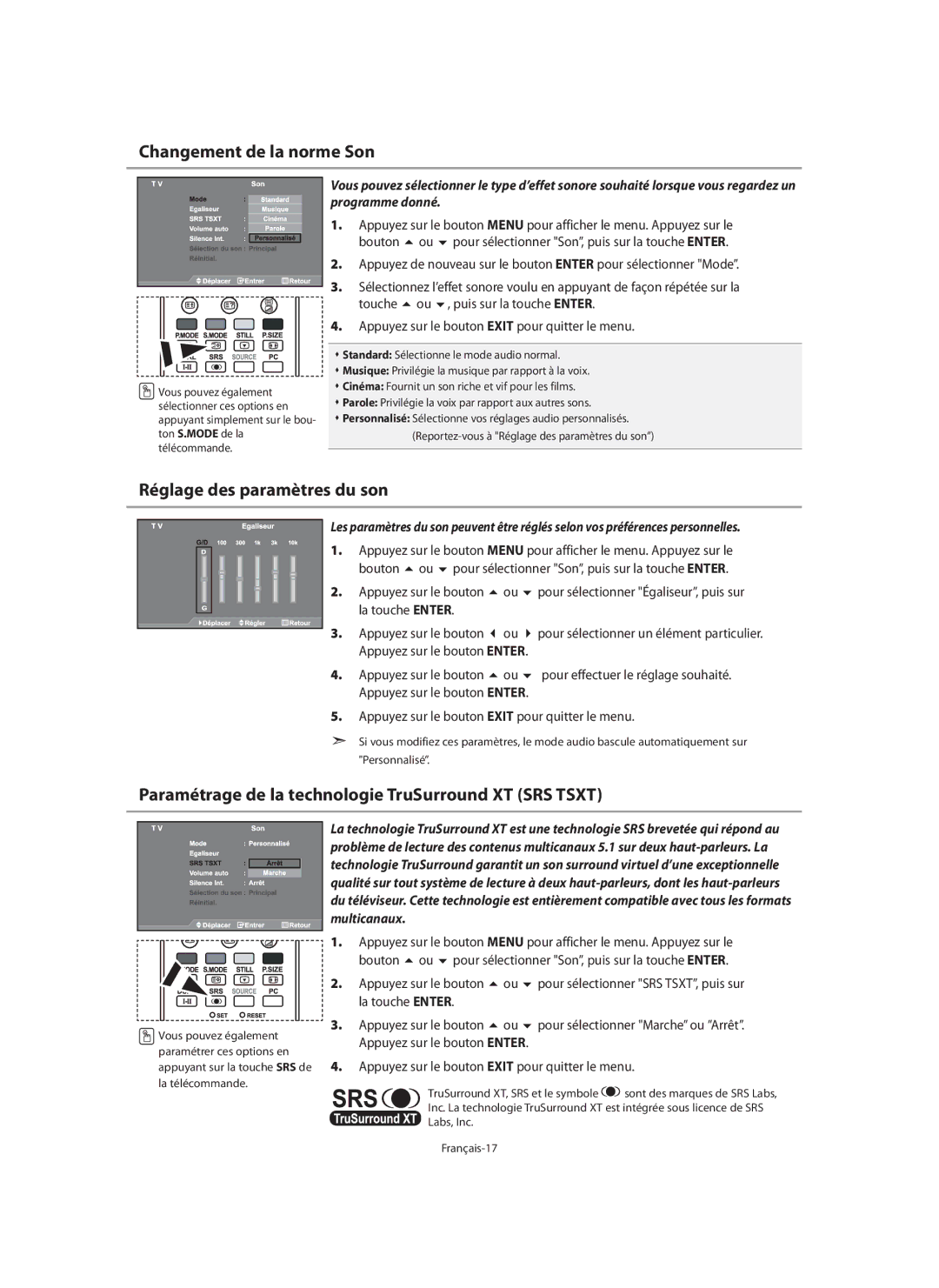 Samsung LE46N7, LE40N7, LE32N7 manual Changement de la norme Son, Réglage des paramètres du son, Multicanaux 