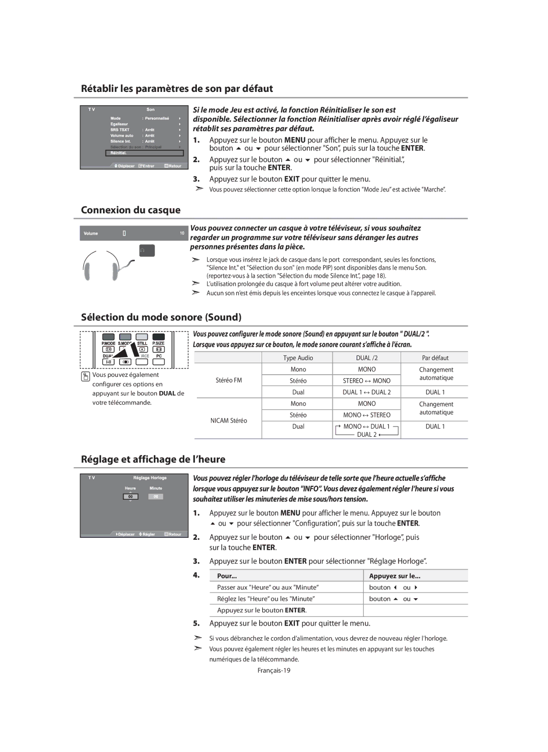 Samsung LE32N7, LE46N7 manual Rétablir les paramètres de son par défaut, Connexion du casque, Sélection du mode sonore Sound 