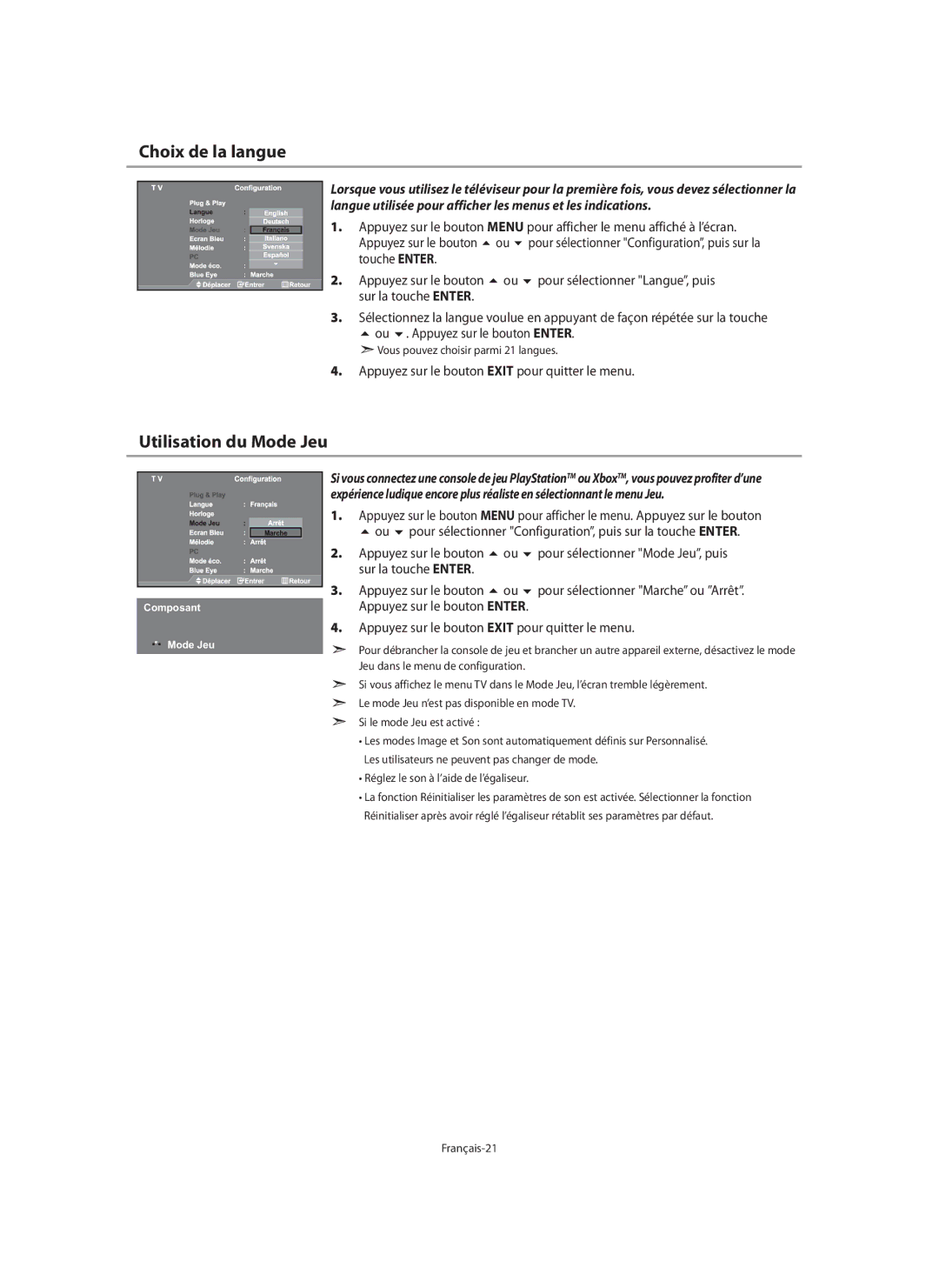 Samsung LE40N7, LE46N7, LE32N7 manual Choix de la langue, Utilisation du Mode Jeu 