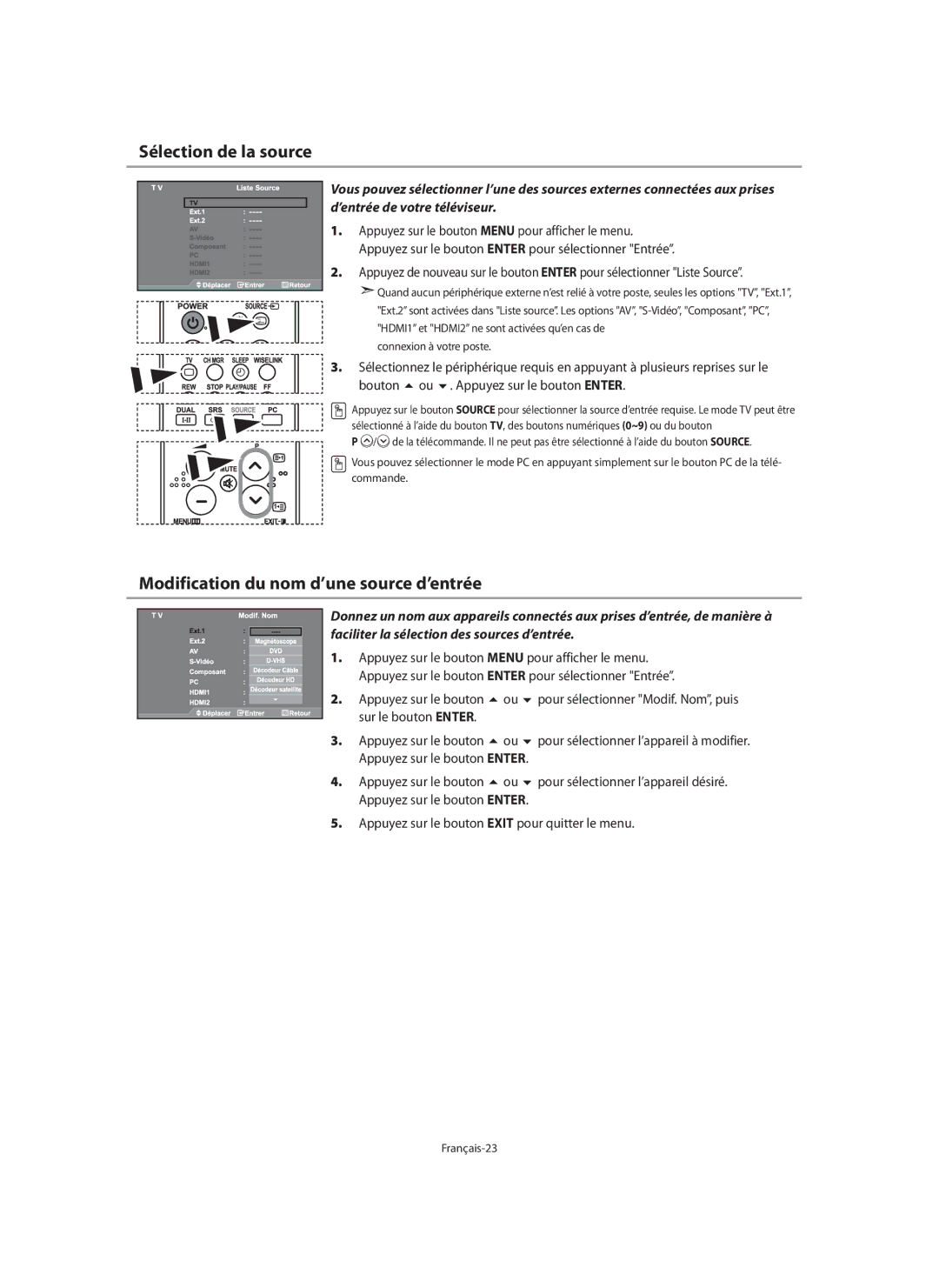 Samsung LE46N7, LE40N7, LE32N7 manual Sélection de la source, Modification du nom d’une source d’entrée, Français-23 