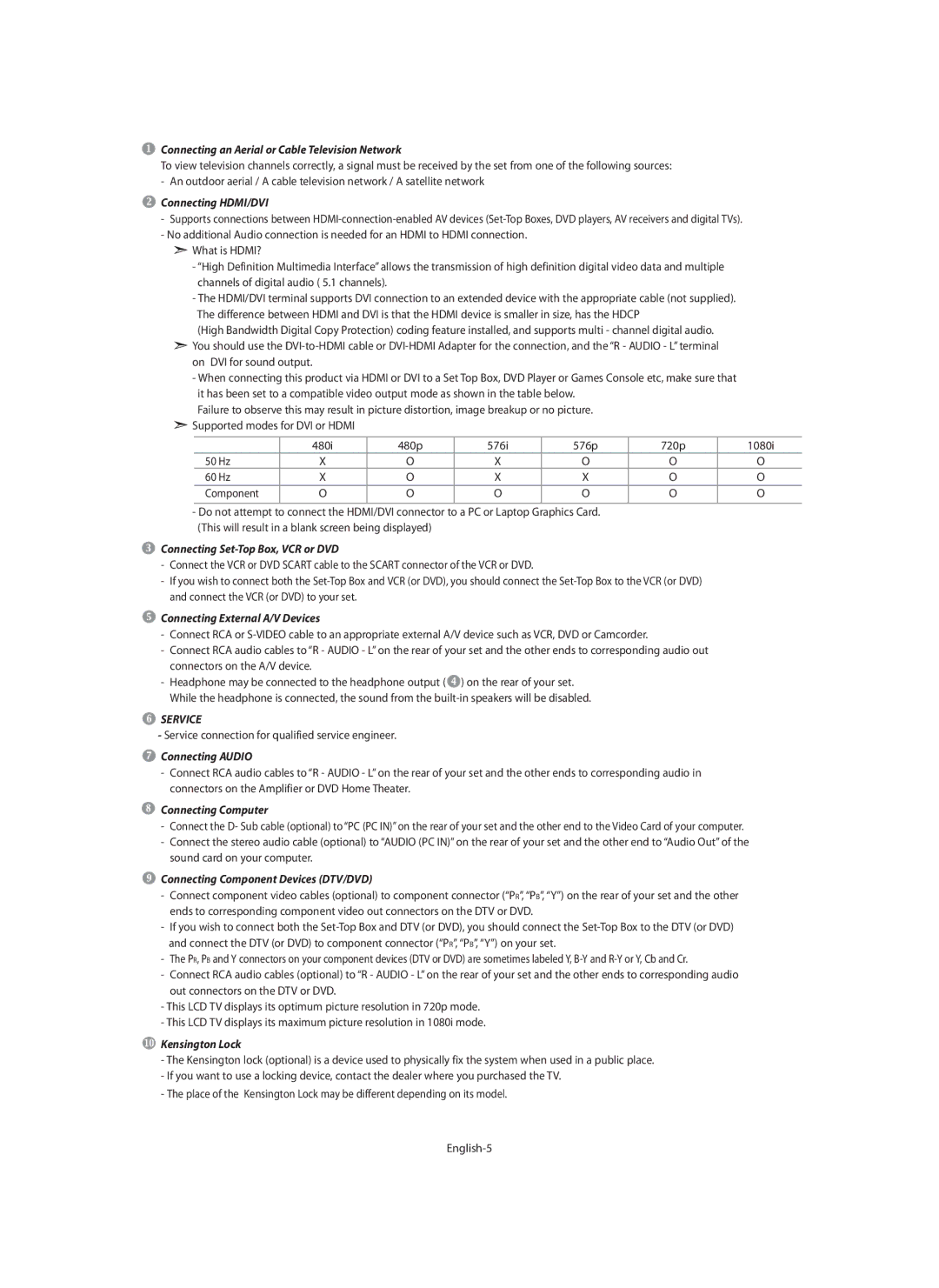 Samsung LE40N7, LE46N7 Connecting an Aerial or Cable Television Network, Service connection for qualified service engineer 